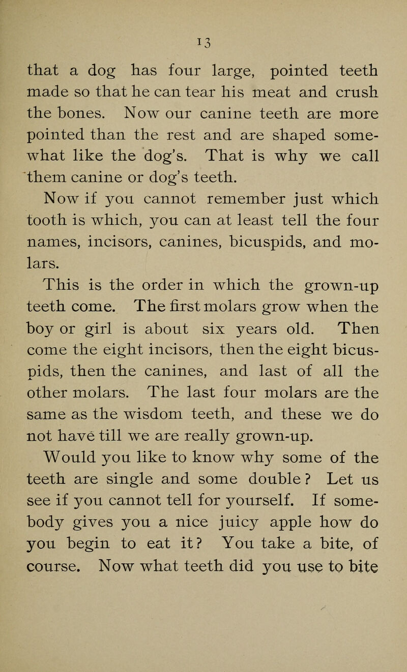 that a dog has four large, pointed teeth made so that he can tear his meat and crush the bones. Now our canine teeth are more pointed than the rest and are shaped some- what like the dog's. That is why we call them canine or dog's teeth. Now if you cannot remember just which tooth is which, you can at least tell the four names, incisors, canines, bicuspids, and mo- lars. This is the order in which the grown-up teeth come. The first molars grow when the boy or girl is about six years old. Then come the eight incisors, then the eight bicus- pids, then the canines, and last of all the other molars. The last four molars are the same as the wisdom teeth, and these we do not have till we are really grown-up. Would you like to know why some of the teeth are single and some double ? Let us see if you cannot tell for yourself. If some- body gives you a nice juicy apple how do you begin to eat it? You take a bite, of course. Now what teeth did you use to bite