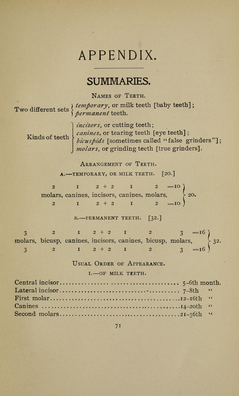 APPENDIX. SUMMARIES. Names of Teeth. m ,. „ , ) temporary, or milk teeth [baby teeth] ; Two different sets \ , ., .- ) permanent teeth. Kinds of teeth incisors, or cutting teeth; ca?iines, or tearing teeth [eye teeth] ; bicuspids [sometimes called false grinders]; molars, or grinding teeth [true grinders]. Arrangement of Teeth. a.—temporary, or milk teeth. [20.] 2 I 2 + 2 I 2 =IO \ molars, canines, incisors, canines, molars, >• 20. 2 1 2 + 2 1 2 =10 ) B.—PERMANENT TEETH. [32.] 3 2 12 + 21 2 3 =l6 ] molars, bicusp, canines, incisors, canines, bicusp, molars, >• 32. 3 2 12 + 21 2 3 =16 ) Usual Order of Appearance. i.—of milk teeth. Central incisor 5-6th month, Lateral incisor - 7-8th '' First molar i2-i6th '' Canines i4-20th  Second molars 2i-36th  7i