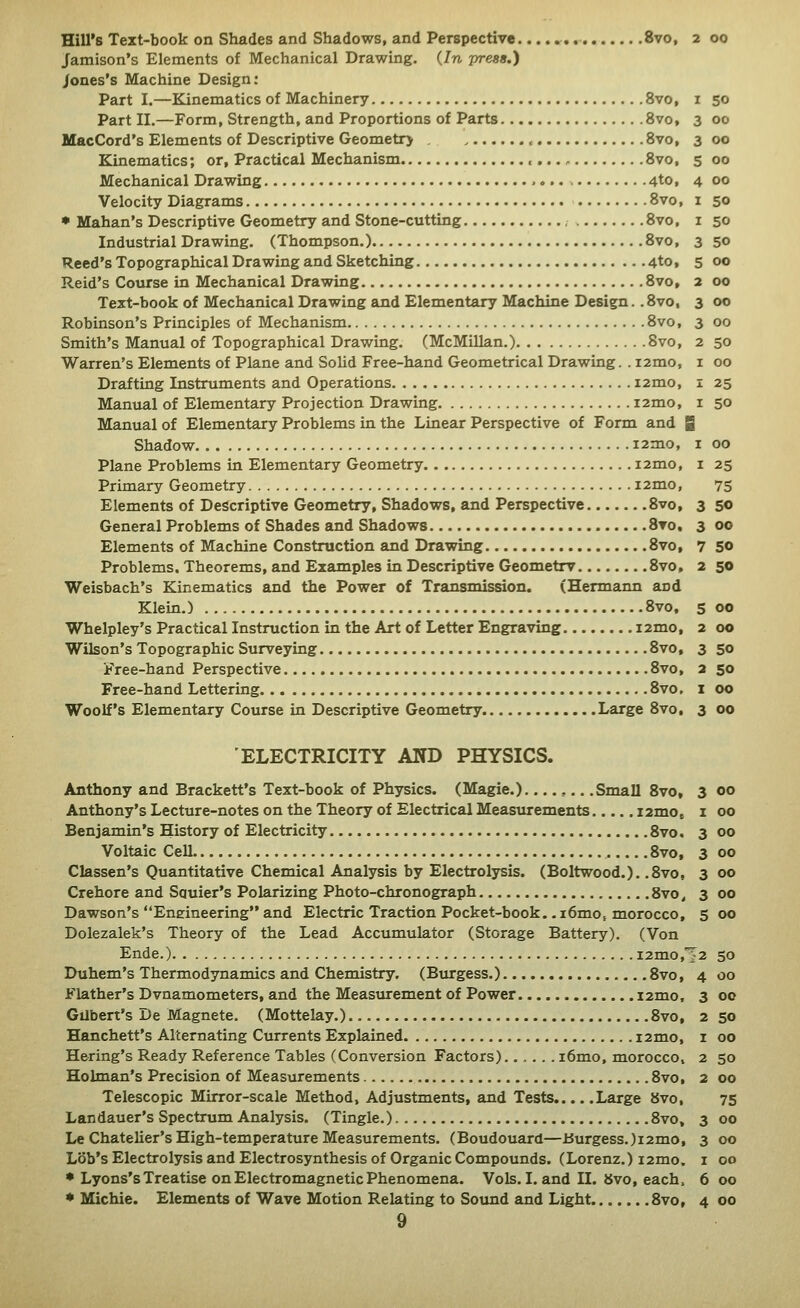 Hill's Text-book on Shades and Shadows, and Perspective , 8vo, Jamison's Elements of Mechanical Drawing. {In press.) /ones's Machine Design: Part I.—Kanematics of Machinery 8vo, Part II.—Form, Strength, and Proportions of Parts 8vo» MacCord's Elements of Descriptive Geometr> , 8vo, Kinematics; or. Practical Mechanism 8vo, Mechanical Drawing 4to, Velocity Diagrams 8vo, ♦ Mahan's Descriptive Geometry and Stone-cutting , 8vo, Industrial Drawing. (Thompson.) 8vo, Reed's Topographical Drawing and Sketching 4to, Raid's Cotirse in Mechanical Drawing 8vo, Text-book of Mechanical Drawing and Elementary Machine Design. .8vo, Robinson's Principles of Mechanism 8vo, Smith's Manual of Topographical Drawing. (McMillan.) 8vo, Warren's Elements of Plane and Solid Free-hand Geometrical Drawing.. i2mo. Drafting Instruments and Operations lamo, Manual of Elementary Projection Drawing i2mo, Manual of Elementary Problems in the Linear Perspective of Form and B Shadow i2mo, Plane Problems in Elementary Geometry lamo, Primary Geometry i2mo. Elements of Descriptive Geometry, Shadows, and Perspective 8vo, General Problems of Shades and Shadows 8to, Elements of Machine Construction and Drawing 8vo, Problems. Theorems, and Examples in Descriptive Geometrv 8vo, Weisbach's Kinematics and the Power of Transmission. (Hermaim and Klein.) 8vo, Whelpley's Practical Instruction in the Art of Letter Engraving i2mo, Wilson's Topographic Surveying 8vo, Free-hand Perspective 8vo, Free-hand Lettering 8vo, Woolf's Elementary Course in Descriptive Geometry. Large 8vo, ELECTRICITY AND PHYSICS. Anthony and Brackett's Text-book of Physics. (Magie.) ,.. .Small 8vo, Anthony's Lecture-notes on the Theory of Electrical Measurements I2m0t Benjamin's History of Electricity 8vo. Voltaic Cell 8vo, Classen's Quantitative Chemical Analysis by Electrolysis. (Boltwood.). .8vo, Crehore and Squier's Polarizing Photo-chronograph 8vo, Dawson's Eneineering and Electric Traction Pocket-book.. i6mOt morocco, Dolezalek's Theory of the Lead Accumulator (Storage Battery). (Von Ende.) i2mo,': Duhem's Thermodynamics and Chemistry. (Burgess.) 8vo, Flather's Dvnamometers, and the Measurement of Power i2mo, Gilbert's De Magnete. (Mottelay.) 8vo, Hanchett's Alternating Currents Explained i2mo, Hering's Ready Reference Tables (Conversion Factors)...... i6mo, morocco, Holman's Precision of Measurements 8vo, Telescopic Mirror-scale Method, Adjustments, and Tests Large 8vo, Landauer's Spectrum Analysis. (Tingle.) 8vo, Le Chatelier's High-temperature Measurements. (Boudouard—J3urgess.)i2mo, Lob's Electrolysis and Electrosynthesis of Organic Compounds. (Lorenz.) i2mo. ♦ Lyons's Treatise on Electromagnetic Phenomena. Vols. I. and II. iJvo, each. ♦ Michie. Elements of Wave Motion Relating to Sound and Light 8vo, 9 I so 3 oo 3 oo 5 oo 4 oo I 50 I SO 3 SO 5 oo 2 oo 3 oo 3 oo 2 50 I oo I 25 I 5 50 I 00 I 25 75 3 50 3 00 7 50 2 50 s 00 2 00 3 50 2 50 I 00 3 00 3 00 I 00 3 00 3 00 3 00 3 00 5 00 2 50 4 00 3 00 2 50 I 00 2 50 2 00 75 3 00 3 00 I 00 6 00