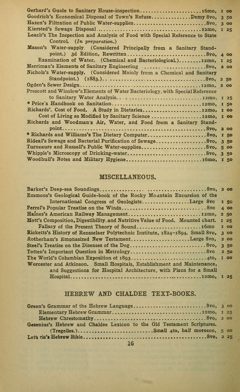 I 25 2 OO 2 so 2 oo I 25 I 50 I 00 X 00 a 00 I so 3 50 5 00 3 so z so Gerhard's Guide to Sanitary House-inspection i6mo, 1 00 Goodrich's Economical Disposal of Town's Refuse Demy 8vo, 3 50 Hazen's Filtration of Public Water-supplies 8vo, 3 00 Kiersted's Sewage Disposal i2mo, i 25 Leach's The Inspection and Analysis of Food with Special Reference to State ControL (In preparation.) Mason's Water-supply. (Considered Principally from a Sanitary Stand- Examination of Water. (Chemical and BacteriologicaL) i2mo, Merriman's Elements of Sanitary Engineering , 8vo, Nichols's Water-supply. (Considered Mainly from a Chemical and Sanitary Standpoint.) (1883.) .8vo, Ogden's Sewer Design i2mo, Prescott and Winslow's Elements of Water Bacteriology, with Special Reference to Sanitary Water Analysis. , lamo, * Price's Handbook on Sanitation i2mo, Richards'. Cost of Food. A Study in Dietaries i2mo. Cost of Living as Modified by Sanitary Science i2mo, Richards and Woodman's Air, Water, and Food from a Sanitary Stand- point 8vo, * Richards and Williams's The Dietary Computer 8vo, Rideal's Sewage and Bacterial Purification of Sewage 8vo, Turneaure and Russell's Public Water-supplies 8vo, Whipple's Microscopy of Drinking-water 8vo, Woodhull's Notes and Military Hygiene i6mo, MISCELLANEOUS. Barker's Deep-sea Soundings 8vo, 2 00 Emmons's Geological Guide-book of the Rocky Mountain Excursion of the International Congress of Geologists , Large 8vc i 50 Ferrel's Popular Treatise on the Winds 8vo 4 00 Haines's American Railway Management I2mo^ 2 50 Mott's Composition, Digestibility, and Nutritive Value of Food. Mounted chart, i 25 Fallacy of the Present Theory of Sound i6mo i 00 Ricketts's History of Rensselaer Pol3rtechnic Institute, 1824-1894. Small 8vo, 3 00 Rotherham's Empüasized New Testament Large 8vo, 2 00 Steel's Treatise on the Diseases of the Dog 8vo, 3 50 Totten's Important Question in Metrology 8vo 2 50 The World's Columbian Exposition ot 1893 4to, I 00 Worcester and Atkinson. Small Hospitals, Establishment and Maintenance, and Suggestions for Hospital Architecture, with Plans for a Small Hospital i2mo, i 25 HEBREW klTD CHALDEE TEXT-BOOKS. Green's Grammar of the Hebrew Language 8vo, 3 00 Elementary Hebrew Grammar i2mo, i 25 Hebrew Chrestomathy 8vo, 2 00 Gesenius's Hebrew and Chaldee Lexicon to the Old Testament Scriptures. (Tregelles.) Small 4to, half morocco, 5 00 Lett« Tis'» Hebrew Bible 8vo, 2 25 16