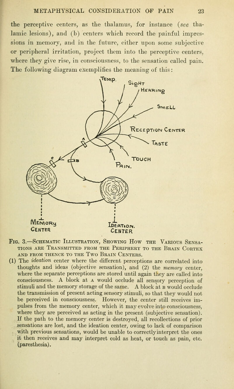 the perceptive centers, as the thalamus, for instance (see tha- lamic lesions), and (b) centers which record the painful impres- sions in memory, and in the future, either upon some subjective or peripheral irritation, project them into the perceptive centers, where they give rise, in consciousness, to the sensation called pain. The following diagram exemplifies the meaning of this: ^ ^ SigHT T^ECEpTiON Center TptsTE IVlEJV\OHy Center I Ideation. Center Fig. 3.—Schematic Illustration, Showing How the Various Sensa- tions ARE Transmitted from the Periphery to the Brain Cortex AND from thence TO THE TwO BrAIN CeNTERS. (1) The ideation center where the different, perceptions are correlated into thoughts and ideas (objective sensation), and (2) the memory center, where the separate perceptions are stored until again they are called into consciousness. A block at a would occlude all sensory perception of stimuU and the memory storage of the same. A block at b would occlude the transmission of present acting sensory stimuh, so that they would not be perceived in consciousness. However, the center still receives im- pulses from the memory center, which it may evolve into consciousness, where they are perceived as acting in the present (subjective sensation). If the path to the memory center is destroyed, all recollections of prior sensations are lost, and the ideation center, owing to lack of comparison with previous sensations, would be unable to correctly interpret the ones it then receives and may interpret cold as heat, or touch as pain, etc. (paresthesia).