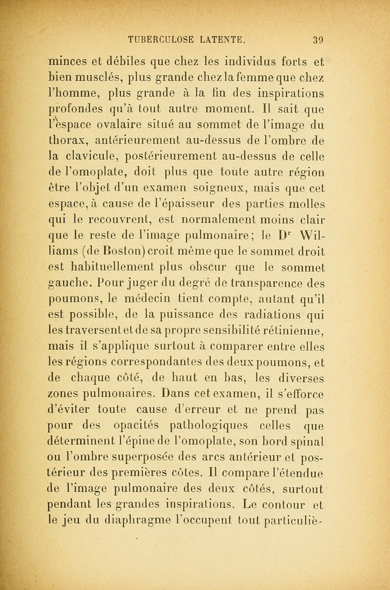 minces et débiles que chez les individus forts et bien musclés, plus grande chez la femme que chez l'homme, plus grande à la fin des inspirations profondes qu'à tout autre moment. Il sait que l'espace ovalaire situé au sommet de l'image du thorax, antérieurement au-dessus de l'ombre de la clavicule, postérieurement au-dessus de celle de l'omoplate, doit plus que toute autre région être l'objet d'un examen soigneux, mais que cet espace, à cause de l'épaisseur des parties molles qui le recouvrent, est normalement moins clair que le reste de l'image pulmonaire; le D Wil- liams (de Boston) croit même que le sommet droit est habituellement plus obscur que le sommet gauche. Pour juger du degré de transparence des poumons, le médecin tient compte, autant qu'il est possible, de la puissance des radiations qui les traversent et de sa propre sensibilité rétinienne, mais il s'applique surtout à comparer entre elles les régions correspondantes des deux poumons, et de chaque côté, de haut en bas, les diverses zones pulmonaires. Dans cet examen, il s^efForce d'éviter toute cause d'erreur et ne prend pas pour des opacités pathologiques celles que déterminent l'épine de l'omoplate, son bord spinal ou l'ombre superposée des arcs antérieur et pos- térieur des premières côtes. Il compare l'étendue de l'image pulmonaire des deux côtés, surtout pendant les grandes inspirations. Le contour et le jeu du diaphragme l'occupent tout particuliè-