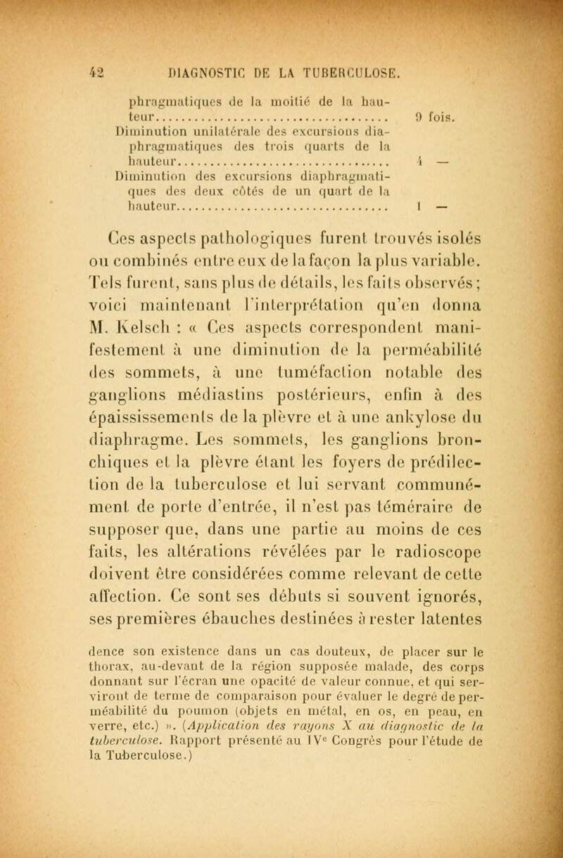 phragiiiatif|ucs tle la moilic de la hau- teur i) fois. Diminution unilatérale des excursions dia- plirap^matiques des trois quarts de la hauteur i — Diminution des excursions diapbragmati- (|uc.s des deux côtés de un quart de la hauteur I — Ces aspects pathologiques furent trouvés isolés ou combinés onlrc eux de lafa(;on la |)his vai'iable. Tels furent, sans plus de détails, les faits observés ; voici maintenant l'interprétation qu'eu donna M. Kelscli : « Ces aspects correspondent mani- festement à une diminution de la perméabilité des sommets, à une tuméfaction notable des ganglions médiastins postérieurs, enfin à des épaississemenis de la plèvre et à une ankylose du diaphragme. Les sommets, les ganglions bron- chiques et la plèvre étant les foyers de prédilec- tion de la tuberculose et lui servant communé- ment de porte d'entrée, il n'est pas téméraire de supposer que, dans une partie au moins de ces faits, les altérations révélées par le radioscope doivent être considérées comme relevant de cette affection. Ce sont ses débuts si souvent ignorés, ses premières ébauches destinées à rester latentes dence son existence dans un cas douteux, de placer sur le thorax, au-devant de la région supposée malade, des corps donnant sur l'écran une opacité de valeur connue, et qui ser- viront de terme de comparaison pour évaluer le degré de per- méabilité du poumon (objets en métal, en os, en peau, en verre, etc.) ». (Application des rayons X au diagnostic de In iiiberculoxe. Happort présenté au !¥•= Congrès pour l'étude de la Tuberculose.)