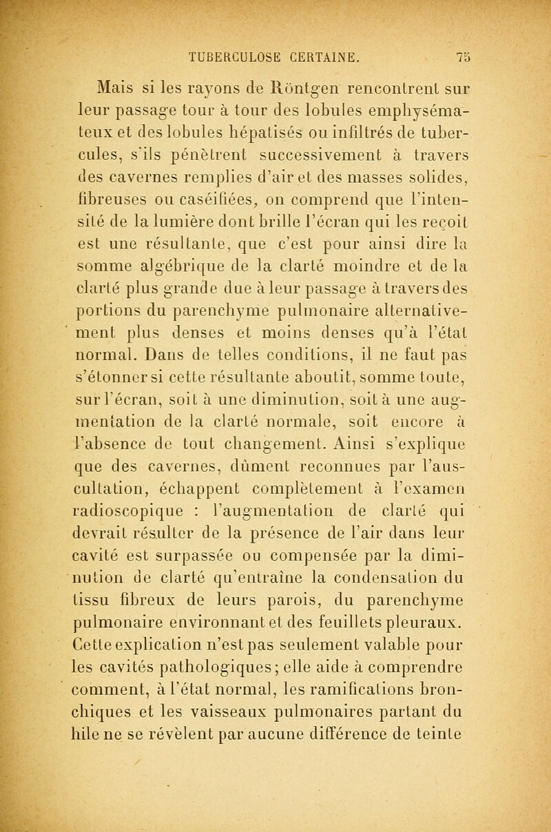 Mais si les rayons de Rontg-en renconlreiiL sur leur passage tour à tour des lobules emphyséma- teux et des lobules hépatisés ou infiltrés de tuber- cules, s'ils pénètrent successivement à travers des cavernes remplies d'air et des masses solides, fibreuses ou caséifiées^ on comprend que l'inten- sité de la lumière dont brille l'écran qui les reçoit est une résultante, que c'est pour ainsi dire la somme algébrique de la clarté moindre et de la clarté plus grande due à leur passage àtraversdes portions du parenchyme pulmonaire alternative- ment plus denses et moins denses qu'à l'état normal. Dans de telles conditions, il ne faut pas s'étonner si cette résultante aboutit, somme toute, sur l'écran, soit à une diminution, soit à une aug- mentation de la clarté normale, soit encore à l'absence de tout changement. Ainsi s'explique que des cavernes, dûment reconnues par l'aus- cultation, échappent complètement à l'examen radioscopique : l'augmentation de clarlé qui devrait résulter de la présence de l'air dans leur cavité est surpassée ou compensée par la dimi- nution de clarté qu'entraîne la condensation du tissu fibreux de leurs parois, du parenchyme pulmonaire environnant et des feuillets pleuraux. Cette explication n'est pas seulement valable pour les cavités pathologiques; elle aide à comprendre comment, à l'état normal, les ramifications bron- chiques et les vaisseaux pulmonaires partant du bile ne se révèlent par aucune différence de teinte