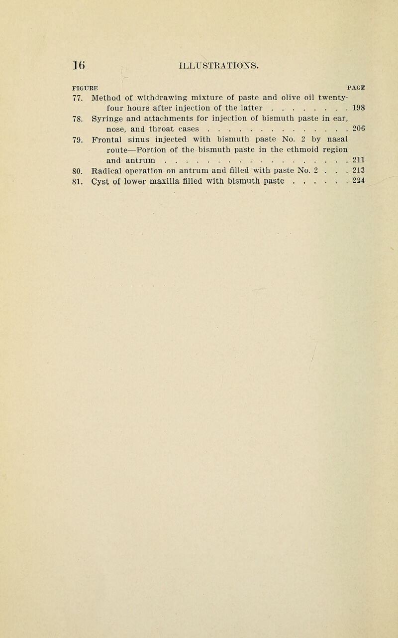 FIGURE PAGE 77. Method of withdrawing mixture of paste and olive oil twenty- four hours after injection of the latter 198 78. Syringe and attachments for injection of bismuth paste in ear, nose, and throat cases 206 79. Frontal sinus injected with bismuth paste No. 2 by nasal route—Portion of the bismuth paste in the ethmoid region and antrum 211 80. Radical operation on antrum and filled with paste No. 2 . . . 213 81. Cyst of lower maxilla filled with bismuth paste 224