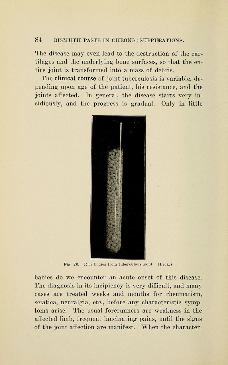 The disease may even lead to the destruction of the car- tilages and the underlying bone surfaces, so that the en- tire joint is transformed into a mass of debris. The clinical course of joint tuberculosis is variable, de- pending upon age of the patient, his resistance, and the joints affected. In general, the disease starts very in- sidiously, and the progress is gradual. Only in little Fig. 26. Rice bodies from tuberculous joint. (Beck.) babies do we encounter an acute onset of this disease. The diagnosis in its incipiency is very difficult, and many cases are treated weeks and months for rheumatism, sciatica, neuralgia, etc., before any characteristic symp- toms arise. The usual forerunners are weakness in the affected limb, frequent lancinating pains, until the signs of the joint affection are manifest. When the character-