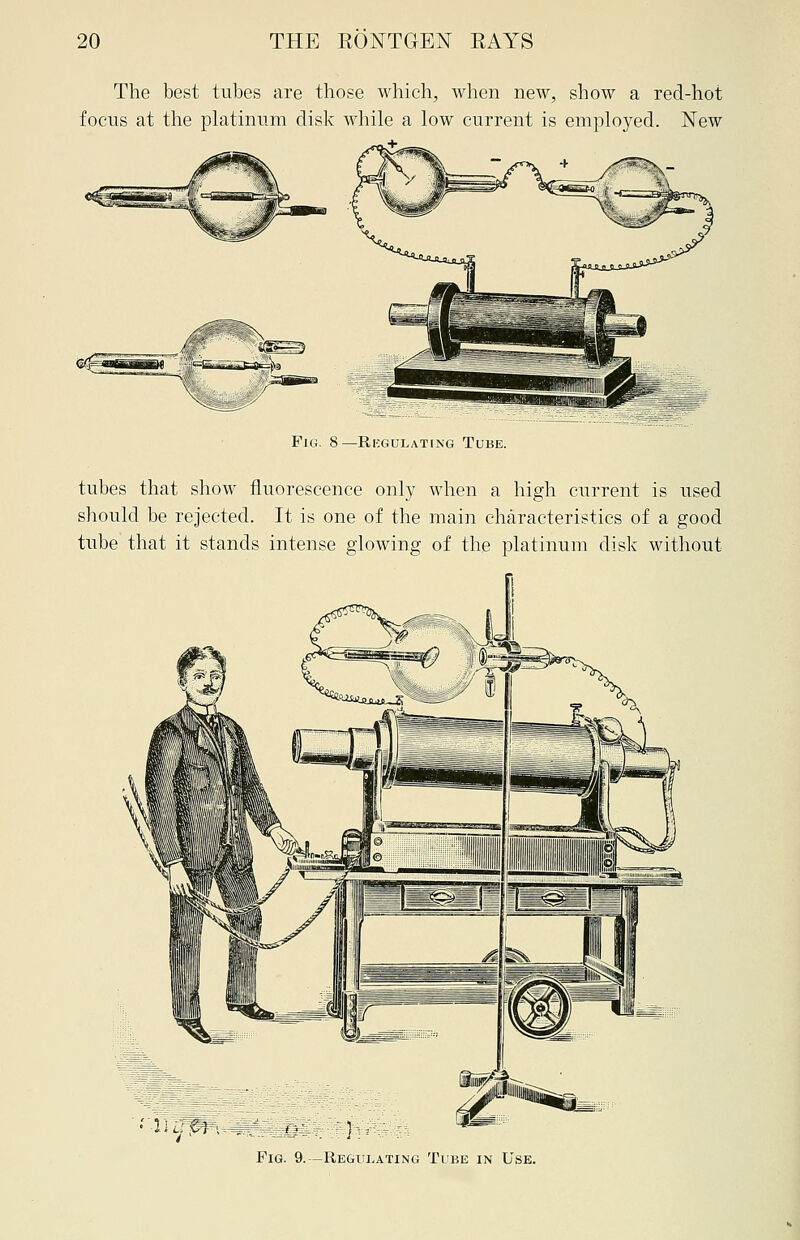 The best tubes are those which, when new, show a red-hot focus at the platinum disk while a low current is employed. New Fig. 8—Regulating Tube. tubes that show fluorescence only when a high current is used should be rejected. It is one of the main characteristics of a good tube that it stands intense glowing of the platinum disk without Fig. 9.—Regulating Tube in Use.