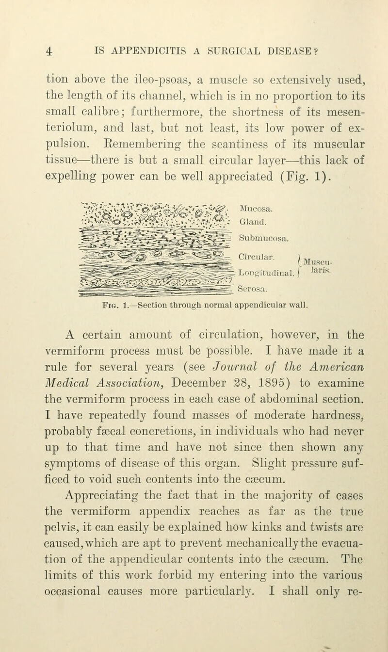 tion above the ileo-psoas, a muscle so extensively used, the length of its channel, which is in no proportion to its small calibre; furthermore, the shortness of its mesen- teriolum, and last, but not least, its low power of ex- pulsion. Eemembering the scantiness of its muscular tissue—there is but a small circular layer—this lack of expelling power can be well appreciated (Fig. 1). j^<^?^.^ijK^^Vv.:i-:;:- ->^V>f:-- Gland. _^Si^35'^v^»r^§r^«5-^^^5^'^ Submucosa. ^^ ^% <^<^ Circular, 1 ,, -^ . - _^^Loiisifudiiial. j '^''''^■ ~ zi:_-rgn^ Serosa. Fig. 1.—Section through normal appendicular wall. A certain amount of circulation, however, in the vermiform process must be possible. I have made it a rule for several years (see Journal of the American Medical Association, December 28, 1895) to examine the vermiform process in each case of abdominal section. I have repeatedly found masses of moderate hardness, probably faecal concretions, in individuals who had never up to that time and have not since then shown any symptoms of disease of this organ. Slight pressure suf- ficed to void such contents into the caecum. Appreciating the fact that in the majority of cases the vermiform appendix reaches as far as the true pelvis, it can easily be explained how kinks and twists are caused, which are apt to prevent mechanically the evacua- tion of the appendicular contents into the caecum. The limits of this work forbid my entering into the various occasional causes more particularly. I shall only re-