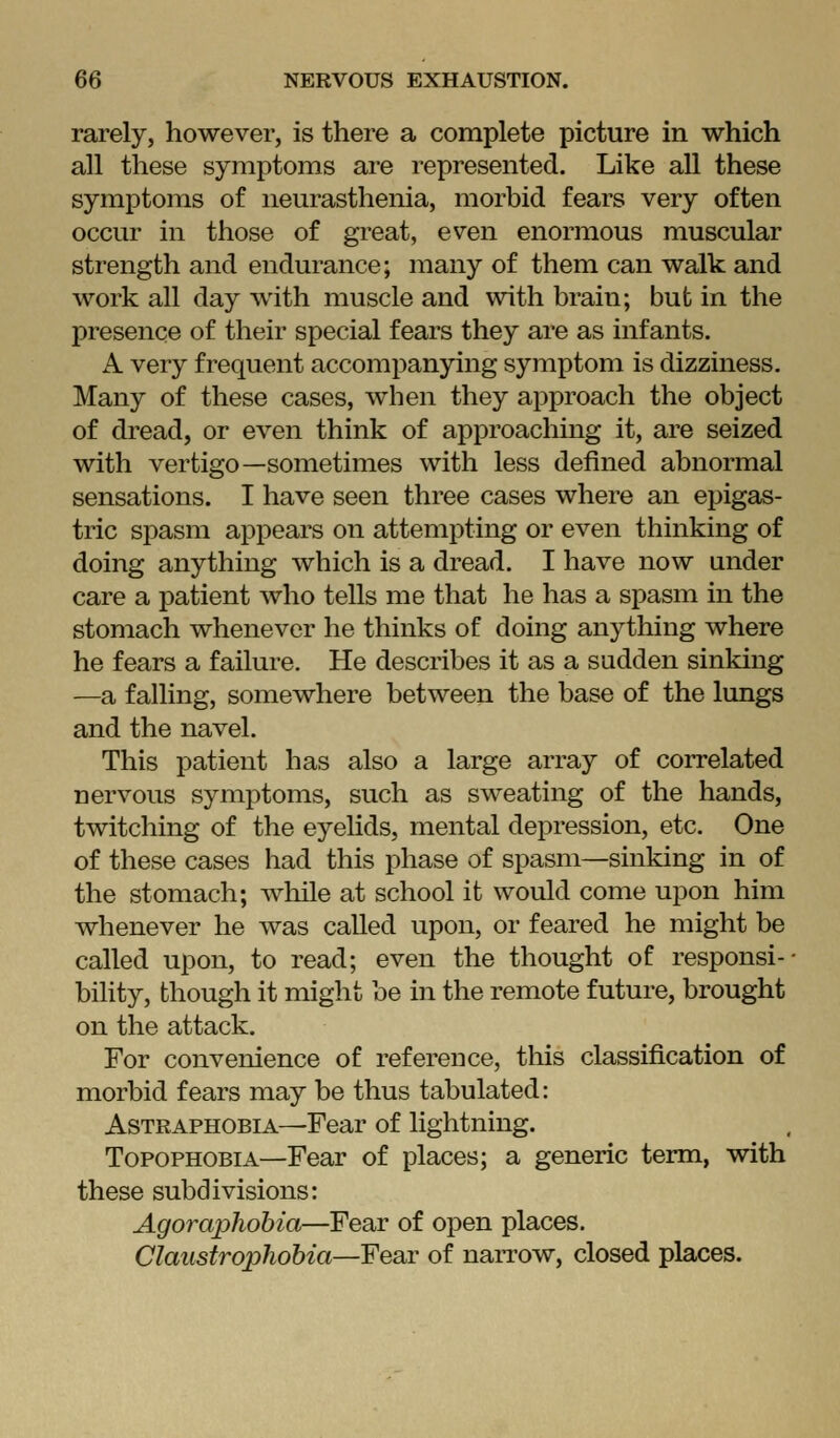 rarely, however, is there a complete picture in which all these symptoms are represented. Like all these symptoms of neurasthenia, morbid fears very often occur in those of great, even enormous muscular strength and endurance; many of them can walk and work all day with muscle and with brain; but in the presence of their special fears they are as infants. A very frequent accompanying symptom is dizziness. Many of these cases, when they approach the object of dread, or even think of approaching it, are seized with vertigo—sometimes with less defined abnormal sensations. I have seen three cases where an epigas- tric spasm appears on attempting or even thinking of doing anything which is a dread. I have now under care a patient who tells me that he has a spasm in the stomach whenever he thinks of doing anything where he fears a failure. He describes it as a sudden sinking —a falling, somewhere between the base of the lungs and the navel. This patient has also a large array of correlated nervous symptoms, such as sweating of the hands, twitching of the eyelids, mental depression, etc. One of these cases had this phase of spasm—sinking in of the stomach; while at school it would come upon him whenever he was called upon, or feared he might be called upon, to read; even the thought of responsi- bility, though it might be in the remote future, brought on the attack. For convenience of reference, this classification of morbid fears may be thus tabulated: AsTRAPHOBiA—Fear of lightning. ToPOPHOBiA—Fear of places; a generic term, with these subdivisions: Agoraj)hobia—Fear of open places. Claustrophobia—Fear of naiTow, closed places.