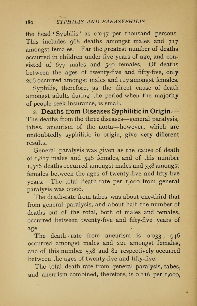 the head ' Syphilis ' as 0-047 per thousand persons. This includes 968 deaths amongst males and 717 amongst females. Far the greatest number of deaths occurred in children under five years of age, and con- sisted of 677 males and 540 females. Of deaths between the ages of twenty-five and fifty-five, only 206 occurred amongst males and 117 amongst females. Syphilis, therefore, as the direct cause of death amongst adults during the period when the majority of people seek insurance, is small. 2. Deaths from Diseases Syphilitic in Origin.— The deaths from the three diseases—general paralysis, tabes, aneurism of the aorta—however, which are undoubtedly syphilitic in origin, give very different results. General paralysis was given as the cause of death of 1,817 males and 546 females, and of this number 1,386 deaths occurred amongst males and 338 amongst females between the ages of twenty-five and fifty-five years. The total death-rate per 1,000 from general paralysis was o'o66. The death-rate from tabes was about one-third that from general paralysis, and about half the number of deaths out of the total, both of males and females, occurred between twenty-five and fifty-five years of age. ^ > The death-rate from aneurism is 0*033; 94^ occurred amongst males and 221 amongst females, and of this number 558 and 82 respectively occurred between the ages of twenty-five and fifty-five. The total death-rate from general paralysis, tabes, and aneurism combined, therefore, is o-ii6 per 1,000,