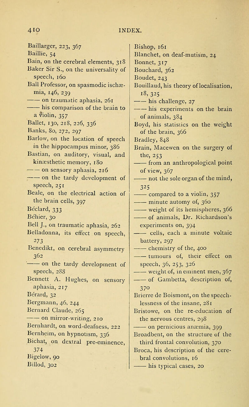 Baillarger, 223, 367 Baillie, 54 Bain, on the cerebral elements, 318 Baker Sir S., on the universality of speech, 160 Ball Professor, on spasmodic ische- mia, 146, 239 on traumatic aphasia, 261 his comparison of the brain to a violin, 357 Ballet, 130, 218, 226, 336 Banks, 80, 272, 297 Barlow, on the location of speech in the hippocampus minor, 386 Bastian, on auditory, visual, and kinesthetic memory, 180 on sensory aphasia, 216 ; on the tardy development of speech, 251 Beale, on the electrical action of the brain cells, 397 Beclard, 333 Behier, 30 Bell ]., on traumatic aphasia, 262 Belladonna, its effect on speech, 273 Benedikt, on cerebral asymmetry 362 ' on the tardy development of speech, 288 Bennett A. Hughes, on sensory aphasia, 217 Berard, 32 Bergmann, 46, 244 Bernard Claude, 265 on mirror-writing, 210 Bernhardt, on word-deafness, 222 Bernheim, on hypnotism, 336 Bichat, on dextral pre-eminence, 374 Bigelow, 90 Billod, 302 Bishop, 161 Blanchet, on deaf-mutism, 24 Bonnet, 317 Bouchard, 362 Boudet, 243 Bouillaud, his theory of localisation, 18,325 his challenge, 27 his experiments on the brain of animals, 384 Boyd, his statistics on the weight of the brain, 366 Bradley, 848 Brain, Macewen on the surgery of the, 253 from an anthropological point of view, 367 not the sole organ of the mind, 325 compared to a violin, 357 minute automy of, 360 weight of its hemispheres, 366 of animals, Dr. Kichardson's experiments on, 394 cells, each a minute voltaic battery, 297 chemistry of the, 400 tumours of, their effect on speech, 36, 253, 326 weight of, in eminent men, 367 of Gambetta, description of, 37o Brierre de Boismont, on the speech- lessness of the insane, 281 Bristowe, on the re-education of the nervous centres, 298 on pernicious anaemia, 399 Broadbent, on the structure of the third frontal convolution, 370 Broca, his description of the cere- bral convolutions, 16 his typical cases, 20