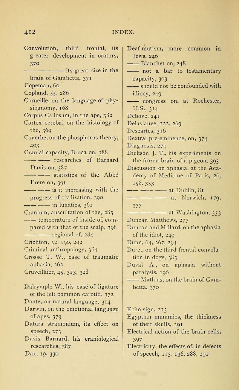 Convolution, third frontal, its greater development in orators, 37o its great size in the brain of Gambetta, 371 Copeman, 60 Copland, 55, 286 Corneille, on the language of phy- siognomy, 168 Corpus Callosum, in the ape, 382 Cortex cerebri, on the histology of the, 369 Couerbe, on the phosphorus theory, 403 Cranial capacity, Broca on, 388 researches of Barnard Davis on, 387 statistics of the Abbe Frere on, 391 is it increasing with the progress of civilization, 390 in lunatics, 362 Cranium, auscultation of the, 285 temperature of inside of, com- pared with that of the scalp, 398 ■ regional of, 284 Crichton, 52, 190, 292 Criminal anthropology, 364 Crosse T. W., case of traumatic aphasia, 262 Cruveilhier, 45, 323, 328 Dalrymple W., his case of ligature of the left common carotid, 372 Dante, on natural language, 314 Darwin, on the emotional language of apes, 379 Datura stramonium, its effect on speech, 273 Davis Barnard, his craniological researches, 387 Dax, 19, 330 Deaf-mutism, more common in Jews, 246 Blanchet on, 248 not a bar to testamentary capacity, 303 should not be confounded with idiocy, 249 congress on, at Rochester, U.S., 314 Debove, 241 Delasiauve, 122. 269 Descartes, 316 Dextral pre-eminence, on, 374 Diagnosis, 279 Dickson J. T., his experiments on the frozen brain of a pigeon, 395 Discussion on aphasia, at the Aca- demy of Medicine of Paris, 26, 158.333 at Dublin, 81 at Norwich, 179, 377 at Washington, 353 Duncan Matthews, 277 Duncan and Millard, on the aphasia of the idiot, 249 Dunn, 64, 267, 294 Duret, on the third frontal convolu- tion in dogs, 385 Duval A., on aphasia without paralysis, 196 Mathias, on the brain of Gam- betta, 370 Echo sign, 213 Egyptian mummies, the thickness of their skulls, 391 Electrical action of the brain cells, 397 Electricity, the effects of, in defects of speech, 113, 136. 288, 292