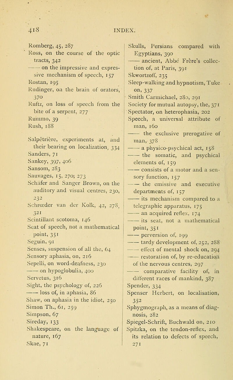 Romberg, 45, 287 Ross, on the course of the optic tracts, 342 on the impressive and expres- sive mechanism of speech, 157 Rostan, 195 Rudinger, on the brain of orators, 37o Ruftz, on loss of speech from the bite of a serpent, 277 Rummo, 39 Rush, 188 Salpetriere, experiments at, and their bearing on localization, 334 Sanders, 71 Sankey, 397, 406 Sansom, 283 Sauvages, 15, 270; 273 Schafer and Sanger Brown, on the auditory and visual centres, 230, 232 Schrceder van der Kolk, 42, 27S, 321 Scintillant scotoma, 146 Seat of speech, not a mathematical point, 351 Seguin, 91 Senses, suspension of all the, 64 .Sensory aphasia, on, 216 Sepelli, on word-deafness, 230 on hypoglobulia, 400 Servetus, 316 Sight, the psychology of, 226 loss of, in aphasia, 86 Shaw, on aphasia in the idiot, 250 Simon Th., 61, 259 Simpson, 67 Sireday, 133 Shakespeare, on the language of nature, 167 Skae, 71 Skulls, Persians compared with Egyptians, 390 ancient, Abbe Frere's collec- tion of, at Paris, 391 Skwortzoff, 235 Sleep-walking and hypnotism, Tuke on, 337 Smith Carmichael, 280, 291 Society for mutual autopsy, the, 371 Spectator, on heterophasia, 202 Speech, a universal attribute of man, 160 —— the exclusive prerogative of man, 378 a physico-psychical act, 158 the somatic, and psychical elements of, 159 consists of a motor and a sen- sory function, 157 the emissive and executive departments of, 157 its mechanism compared to a telegraphic apparatus, 175 an acquired reflex, 174 its seat, not a mathematical point, 351 perversion of, 199 tardy development of, 252, 288 effect of mental shock on, 294 restoration of, by re-education of the nervous centres, 297 comparative facility of, in different races of mankind, 387 Spender, 334 Spenser Herbert, on localisation, 352 Sphygmograph, as a means of diag- nosis, 282 Spiegel-Schrift, Buchwald on, 210 Spitzka, on the tendon-reflex, and its relation to defects of speech, 271
