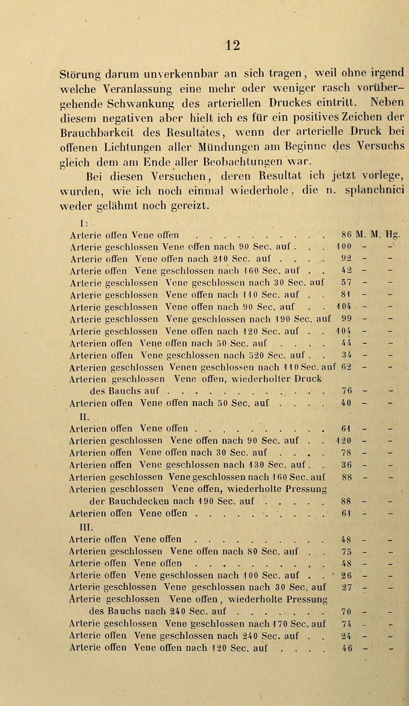 auf auf Störung darum unverkennbar an sich tragen, weil ohne irgend welche Veranlassung eine mehr oder weniger rasch vorüber- gehende Schwankung des arteriellen Druckes eintritt. Neben diesem negativen aber hielt ich es für ein positives Zeichen der Brauchbarkeit des Resultates, wenn der arterielle Druck bei offenen Lichtungen aller Mündungen am Beginne des Versuchs gleich dem am Ende aller Beobachtungen war. Bei diesen Versuchen, deren Resultat ich jetzt vorlege, wurden, wie ich noch einmal wiederhole, die n. splanchnici weder gelahmt noch gereizt. I: Arterie offen Vene offen 86 M. M. Hg. Arterie geschlossen Vene offen nach 90 See. auf . . . 100 - Arterie offen Vene offen nach 210 See. auf . Arterie offen Vene geschlossen nach 160 See. auf Arterie geschlossen Vene geschlossen nach 30 See. Arterie geschlossen Vene offen nach 110 See. auf Arterie geschlossen Vene offen nach 90 See. auf Arterie geschlossen Vene geschlossen nach 190 See Arterie geschlossen Vene offen nach 120 See. auf Arterien offen Vene offen nach 50 See. auf . . Arterien offen Vene geschlossen nach 520 See. auf Arterien geschlossen Venen geschlossen nach HO See. auf 62 Arterien geschlossen Vene offen, wiederholter Druck des Bauchs auf Arterien offen Vene offen nach 50 See. auf .... II. Arterien offen Vene offen Arterien geschlossen Vene offen nach 90 See. auf . . Arterien offen Vene offen nach 30 See. auf .... Arterien offen Vene geschlossen nach 130 See. auf . . Arterien geschlossen Vene geschlossen nach 160 See. auf Arterien geschlossen Vene offen, wiederholte Pressung der Bauchdecken nach 190 See. auf ..... Arterien offen Vene offen -. \ . III. Arterie offen Vene offen 48 Arterien geschlossen Vene offen nach 80 See. auf . . 75 Arterie offen Vene offen , . 48 Arterie offen Vene geschlossen nach 100 See. auf . . ■ 26 Arterie geschlossen Vene geschlossen nach 3 0 See. auf 27 Arterie geschlossen Vene offen , wiederholte Pressung des Bauchs nach 240 See. auf 70 Arterie geschlossen Vene geschlossen nach 170 See. auf 74 Arterie offen Vene geschlossen nach 240 See. auf . . 24 Arterie offen Vene offen nach 120 See. auf .... 46 92 42 57 81 104 99 104 44 34 76 40 61 120 78 36 61
