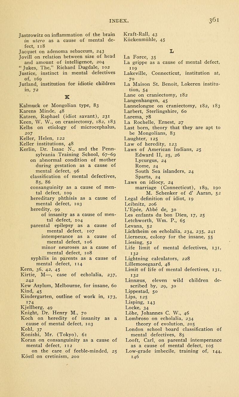 Jastrowitz on inflammation of the brain in utero as a cause of mental de- fect, 118 Jacquet on adenoma sebaceum, 243 Jovill on relation between size of head and amount of intelligence, 204 Jukes, The, Richard Dugdale, 102 Justice, instinct in mental defectives of, 169 Jutland, institution for idiotic children in, 72 Kalmuck or Mongolian type, 83 Karens Minde, 48 Katzen, Raphael (idiot savant), 231 Keen, W. W., on craniectomy, 182, 183 Kelbs on etiology of microcephalus, 207 Keller, Helen, 122 Keller institutions, 48 Kerlin, Dr. Isaac N., and the Penn- sylvania Training School, 67-69 on abnormal condition of mother during gestation as a cause of mental defect, 96 classification of mental defectives, 85, 86 consanguinity as a cause of men- tal defect, 109 hereditary phthisis as a cause of mental defect, 103 heredity, 99 of insanity as a cause of men- tal defect, 104 parental epilepsy as a cause of mental defect, 107 intemperance as a cause of mental defect, 106 minor neuroses as a cause of mental defect, 108 syphilis in parents as a cause of mental defect, 114 Kern, 36, 42, 45 Kirtie, M—, case of echolalia, 237, 242 Kew Asylum, Melbourne, for insane, 60 Kind, 45 Kindergarten, outline of work in, 173, 174 Kjellberg, 49 Knight, Dr. Henry M., 70 Koch on heredity of insanity as a cause of mental defect, 103 Kohl, 37 Konishi, Mr. (Tokyo), 61 Koran on consanguinity as a cause of mental defect, 112 on the care of feeble-minded, 25 Kostl on cretinism, 200 Kraft-Rail, 43 Kuckenmiihle, 45 La Force, 35 La grippe as a cause of mental defect, 119 Lakeville, Connecticut, institution at, 70 La Maison St. Benoit, Lokeren institu- tion, 54 Lane on craniectomy, 182 Langenhangen, 45 Lannelongue on craniectomy, 182, 183 Larbert, Sterlingshire, 60 Larema, 78 La Rochelle, Ernest, 27 Last born, theory that they are apt to be Mongolians, 83 Laughter, 125 Law of heredity, 123 Laws of American Indians, 25 Edward II, 25, 26 Lycurgus, 24 Rome, 24 South Sea islanders, 24 Sparta, 24 Laws on idiocy, 24 marriage (Connecticut), 189, 190 M. Schenker of d' Aaran, 52 Legal definition of idiot, 19 Leibnitz, 206 L'Epee, Abbe de, 30 Les enfants du bon Dieu, 17, 25 Letchworth, Wm. P., 65 Levana, 52 Lichtheim on echolalia, 234, 235, 241 Lierneux, colony for the insane, 55 Liesing, 52 Life limit of mental defectives, 131, 132 Lightning calculators, 228 Lillemosegaard, 48 Limit of life of mental defectives, 131, 132 Linnaeus, eleven wild children de- scribed by, 29, 30 Lippestad, 50 Lips, 125 Lisping, 143 Locke, 34 Lohe, Johannes C. W., 46 Lombroso on echolalia, 234 theory of evolution, 205 London school board classification of mental defectives, 85 Looft, Carl, on parental intemperance as a cause of mental defect, 105 Low-grade imbecile, training of, 144, 146