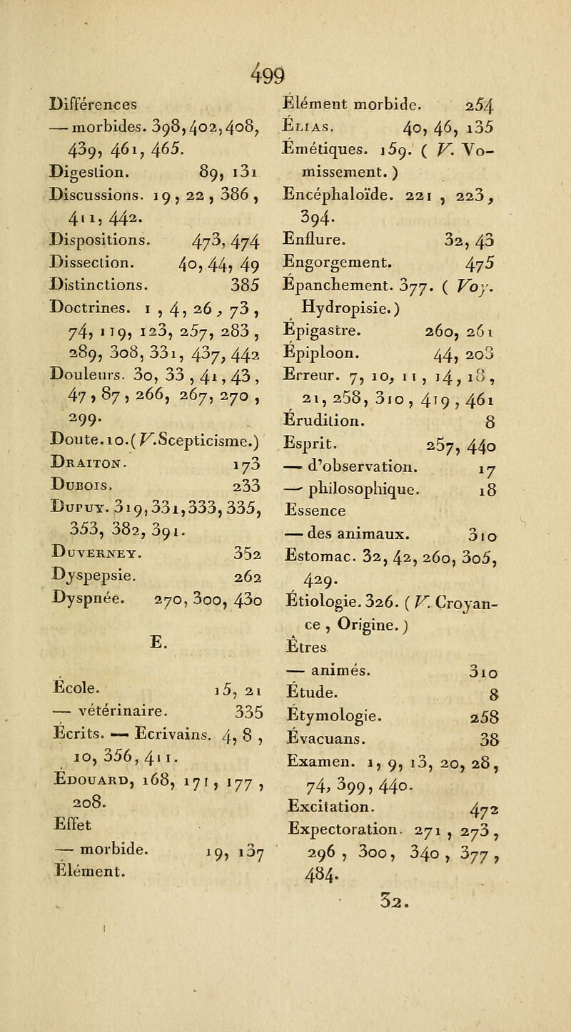 Différences — morbides. SçS, 402,4o8^ 439, 4^1; 4^5. Digeslion. 89, i3i Discussions. 19 , 22 , 386 , 411, 442. Dispositions. 4?^^ 4/4 Dissection. 4O5 44? 49 Distinctions. 385 Doctrines, i , 4? 26 ^ 73 , y4f • 195 123, 257, 283 , 289, 3o8, 33i, 437,442 Douleurs. 3o, 33 , 41, 43 » 47)87, 266, 267, 270 , 299. Doute. 10.(^^Scepticisme.) Draiton. 173 Dubois. 233 DupuY. 3i9,33i,333,335, 353, 382, 391. DuVERNEY. 352 Dyspepsie. 262 Dyspnée. 270, 3oo, 43o E. Ecole. i5, 2 1 — vétérinaire. 335 Ecrits. —- Ecrivains. 4, 8 , 10, 356, 4» I- Edouard, 168, 171, 177, 208. Effet — morbide. Elément. 19, 137 Elément morbide. 254 Elias. 40, 46, i35 Emétiques. 159. ( jy. Vo- missement. ) Encéphaloïde. 221 , 223, 394. Enflure. 32, 43 Engorgement. 4?^ Epanchement. 377. ( Voy. Hydropisie. ) Epigastre. 260, 261 Epiploon. 44, 2o3 Erreur. 7, 10, 11, 14, n , 21, 258, 3io, 419 , 461 Erudition. 8 Esprit. 257, 440 —■ d'observation. 17 —■ philosophique. 18 Essence — des animaux. 31 o Estomac. 32, 42, 260, 3o5, 429. Etiologie. 326. ( K Croyan- ce , Origine. ) Êtres — animés. 3io Étude. 8 Etymologie. 258 Evacuans. 38 Examen. 1,9, i3, 20, 28, 74, 399, 440. Excitation. 472 Expectoration. 271, 273, 296 , 3oo, 340 , 377 , 484. 32.