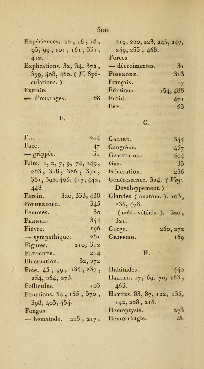 Expériences. 12 , 16 , 18 , 93, 99 , 101 , 161 , 33i , 412. Explications. 02, 34» Syî , 399, 40S, 460. ( V- Spé- culations. ) Extraits — d'ouvrages. 68 219, 220j 223, 245, 247» 249, 255 , 468. Forces — décroissantes. Si FOSBROKE. 3l3 Français. 17 Frictions. 154^4^^ Froid. 471 Frt. 63 G. F... 2i4 Galien. 344 Face. 4? Gangrène. 4^7 — grippée. 3i Garnerius. 404 Faits. 1, 2, 7, 9, 74, 149, Gaz. 33 283, 3i8, 326 , 371 , Génération. 256 38i, 392,405, 4175 44^) Générescence. 324. ( Voy. 448. Développement.) Farcin. 320^ 333, 438 Glandes ( anatom. ). io3, FOTHERGILL. 345 236, 478. Femmes. 3o — ( méd. vélérin. ). 320 , Fernel. 344 321. Fièvre. 196 Gorge. 260, 272 — sympathique. 281 Griffish. 169 Figures. 210, 3i2 Fletcher. 214 H. Fluctuation. 32, 372 Foie. 45 , 99 , i36 , 237 , Habitudes. 44^ 254, 564, 273. Haller. 17, 69, 70, i63, Follicules. io3 463. Fonctions. 54 j i55 , 370 , Haynes. 83, 87, 122, i35. 398, 4o3, 454- 142, 208, 216. Fongus Hémoptysie. 2^3 — hématode. 215,217, Hémorrhagie. if>.