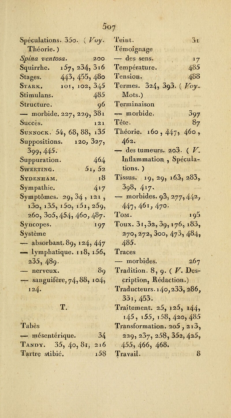 Soj Spéculations. 35o. ( Koy. Théorie. ) Spina ventosa. 200 Squirrhe. 1^7, 234, 316 Stages. 44^5 4^5, 4^0 SïARK. 101, 102, 345 Stimulans. 4^^ Structure. 96 -— morbide. 227, 229, 381 Succès. 121 SuNNocK. 54j 68, 88, i35 Suppositions. i20j ^27, 399, 445. Suppuration. 4^4 SwEETING. 5l, 52 Sydenkam. 18 Sympathie. 4'7 Symptômes. 29,34» 121, i3o, i35, i5o, i5i, 259, 260, 3o5,454? 4^0? 4^7- Syncopes. 197 Système — absorbant. 89, 124, 447 — lymphatique. 118, i56, 235, 489- — nerveux. 89 — sanguifère, 74,88, 104} 124. Tabès -— wésentérique. 34 Tandy. 35, 40, 8I; 216 Tartre stibié. i58 Teint. 3.1 Témoignage — des sens. 17 Température. 4^^ Tension. 4^8 Termes. 324, 393. ( Voy. Mots.) Terminaison — morbide. 397 Tête. 87 Théorie. 160 , 44?? 4^° 1 462. —• des tumeurs. 2o3. ( V. Inflammation , Spécula- tions. ) Tissus. 19, 29, i63, 283, 398, 417. — morbides. 93, 277,44^7 447,461,470. ToM. 195 Toux. 3i,32,39,176, i83, 270,272,3oo, 47^5 4^4» 485. Traces — morbides. 267 Tradition. 8, 9. ( V. Des- cription, Rédaction.) Traducteurs. 140,233, 286, 33i, 453. Traitement. 25, i25, i44» 145, \55, i58, 420, 485 Transformation. 2o5 ; 213, 229, 237, 258, 352,4^5, 455, 466, 468. Travail. 8