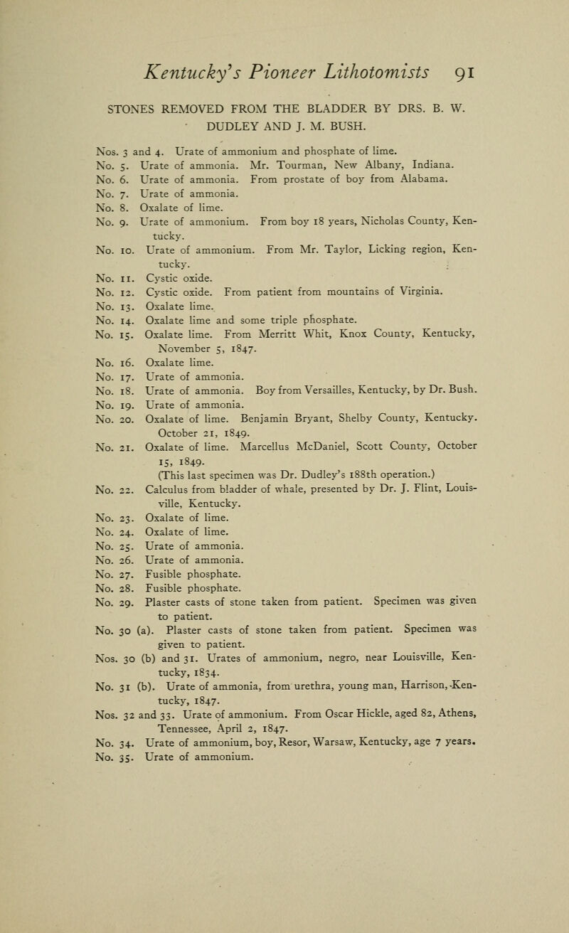 STONES REMOVED FROM THE BLADDER BY DRS. B. W. DUDLEY AND J. M. BUSH. Nos No. No. No. No. No. No. 10. From boy i8 years, Nicholas County, Ken- From Mr. Taylor, Licking region. Ken- No. II. No. 12. No. 13- No. 14- No. IS- No. 16. No. 17- No. 18. No. 19. No. 20. No. 21. No. 22 No. No. No. No. No. No. No. No. Nos, No. Nos, No. No. and 4. Urate of ammonium and phosphate of lime. Urate of ammonia. Mr. Tourman, New Albany, Indiana. Urate of ammonia. From prostate of boy from Alabama. Urate of ammonia. Oxalate of lime. Urate of ammonium, tucky. Urate of ammonium. tucky. ; Cystic oxide. Cystic oxide. From patient from mountains of Virginia. Oxalate lime. Oxalate lime and some triple phosphate. Oxalate lime. From Merritt Whit, Knox County, Kentucky, November 5, 1847. Oxalate lime. Urate of ammonia. Urate of ammonia. Boy from Versailles, Kentucky, by Dr. Bush. L'rate of ammonia. Oxalate of lime. Benjamin Bryant, Shelby County, Kentucky. October 21, 1849. Oxalate of lime. Marcellus McDanlel, Scott County, October IS, 1849- (This last specimen was Dr. Dudley's i88th operation.) Calculus from bladder of whale, presented by Dr. J. Flint, Louis- ville, Kentucky. Oxalate of lime. Oxalate of lime. Urate of ammonia. Urate of ammonia. Fusible phosphate. Fusible phosphate. Plaster casts of stone taken from patient. Specimen was given to patient. 30 (a). Plaster casts of stone taken from patient. Specimen was given to patient. 30 (b) and 31. Urates of ammonium, negro, near Louisville, Ken- tucky, 1834. 31 (b). Urate of ammonia, from urethra, young man, Harrison,-Ken- tucky, 1847. 32 and 33. Urate of ammonium. From Oscar Hickle, aged 82, Athens, Tennessee, April 2, 1847. 34. Urate of ammonium, boy,Resor, Warsaw, Kentucky, age 7 years. 35- Urate of ammonium.