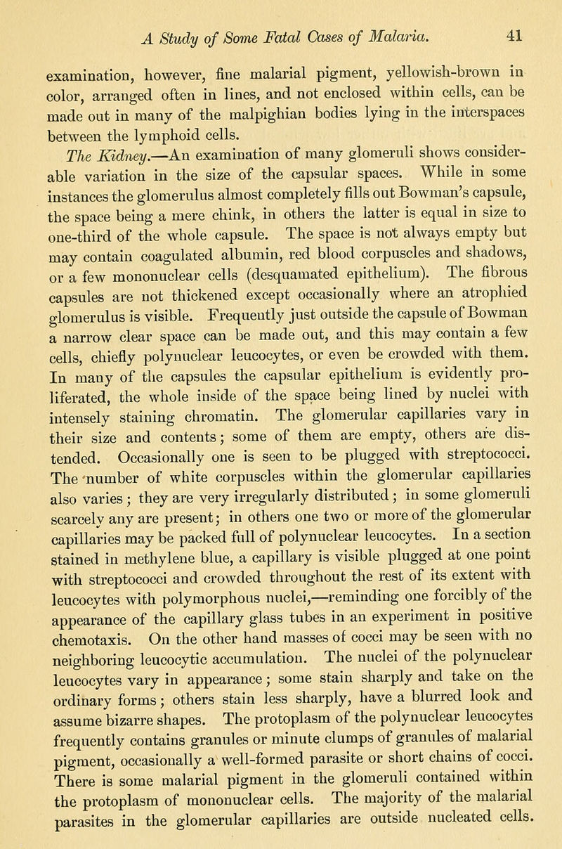 examination, however, fine malarial pigment, yellowish-brown in color, arranged often in lines, and not enclosed within cells, can be made out in many of the malpighian bodies lying in the interspaces between the lymphoid cells. The Kidney.—An examination of many glomeruli shows consider- able variation in the size of the capsular spaces. While in some instances the glomerulus almost completely fills out Bowman's capsule, the space being a mere chink, in others the latter is equal in size to one-third of the whole capsule. The space is not always empty but may contain coagulated albumin, red blood corpuscles and shadows, or a few mononuclear cells (desquamated epithelium). The fibrous capsules are not thickened except occasionally where an atrophied glomerulus is visible. Frequently just outside the capsule of Bowman a narrow clear space can be made out, and this may contain a few cells, chiefly polyuuclear leucocytes, or even be crowded with them. In many of the capsules the capsular epithelium is evidently pro- liferated, the whole inside of the space being lined by nuclei with intensely staining chromatin. The glomerular capillaries vary in their size and contents; some of them are empty, others are dis- tended. Occasionally one is seen to be plugged with streptococci. The number of white corpuscles within the glomerular capillaries also varies ; they are very irregularly distributed; in some glomeruli scarcely any are present; in others one two or more of the glomerular capillaries may be packed full of polynuclear leucocytes. In a section stained in methylene blue, a capillary is visible plugged at one point with streptococci and crowded throughout the rest of its extent with leucocytes with polymorphous nuclei,—reminding one forcibly of the appearance of the capillary glass tubes in an experiment in positive chemotaxis. On the other hand masses of cocci may be seen with no neighboring leucocytic accumulation. The nuclei of the polynuclear leucocytes vary in appearance; some stain sharply and take on the ordinary forms; others stain less sharply, have a blurred look and assume bizarre shapes. The protoplasm of the polynuclear leucocytes frequently contains granules or minute clumps of granules of malarial pigment, occasionally a well-formed parasite or short chains of cocci. There is some malarial pigment in the glomeruli contained within the protoplasm of mononuclear cells. The majority of the malarial parasites in the glomerular capillaries are outside nucleated cells.