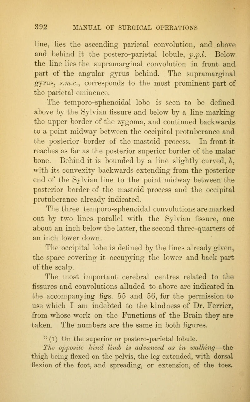 line, lies the ascending parietal convolution, and above and behind it the postero-parietal lobule, p.p.l. Below the line lies the supramarginal convolution in front and part of the angular gyrus behind. The suprarnarginal gyrus, s.m.c, corresponds to the most prominent part of the parietal eminence. The temporo-sphenoidal lobe is seen to be denned above by the Sylvian fissure and below by a line marking the upper border of the zygoma, and continued backwards to a point midway between the occipital protuberance and the posterior border of the mastoid process. In front it reaches as far as the posterior superior border of the malar bone. Behind it is bounded by a line slightly curved, b, with its convexity backwards extending from the posterior end of the Sylvian line to the point midway between the posterior border of the mastoid process and the occipital protuberance already indicated. The three temporo-sphenoidal convolutions are marked out by two lines parallel with the Sylvian fissure, one about an inch below the latter, the second three-quarters of an inch lower down. The occipital lobe is defined by the lines already given, the space covering it occupying the lower and back part of the scalp. The most important cerebral centres related to the fissures and convolutions alluded to above are indicated in the accompanying figs. 55 and 56, for the j)emiission to use which I am indebted to the kindness of Dr. Ferrier, from whose work on the Functions of the Brain they are taken. The numbers are the same in both figures.  (l) On the superior or postero-parietal lobule. The opposite hind limb is advanced as in walking—the thigh being flexed on the pelvis, the leg extended, with dorsal flexion of the foot, and spreading, or extension, of the toes.