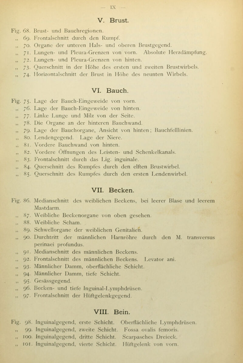 V. Brust. Fig. 68. Brust- und Bauchregionen. 69. Frontalschnitt durch den Rumpf. 70. Organe der unteren Hals- und oberen Brustgegend. 71. Lungen- und Pleura-Grenzen von vorn. Absolute Herzdämpfung. ji. Lungen- und Pleura-Grenzen von hinten. 'j'i^. Querschnitt in der Höhe des ersten und zweiten Brustwirbels. 74. Horizontalschnitt der Brust in Höhe des neunten Wirbels. VI. Bauch. Fig. 75. Lage der Bauch-Eingeweide von vorn. jG. Lage der Bauch-Eingeweide von hinten. j]. Linke Lunge und Milz von der Seite. 78. Die Organe an der hinteren Bauchwand. 79. Lage der Bauchorgane, Ansicht von hinten; Bauchfelllinien. , 80. Lendengegend. Lage der Niere. 81. Vordere Bauchwand von hinten. 82. Vordere Öffnungen des Leisten- und Schenkelkanals. >^}i. Frontalschnitt durch das Lig. inguinale. 84. Querschnitt des Rumpfes durch den elften Brustwirbel. 85. Querschnitt des Rumpfes durch den ersten Lendenwirbel. VII. Becken. Fig. 86. Medianschnitt des weiblichen Beckens, bei leerer Blase und leerem Mastdarm. 87. Weibliche Beckenorgane von oben gesehen. 88. Weibliche Scham. 89. Schwcllorgane der weiblichen GenitaUen. 90. Durchtritt der männlichen Harnröhre durch den M. transversus perinaei profundus. 91. Medianschnitt des männlichen Beckens. 92. Frontalschnitt des männlichen Beckens. Lcvator ani. 93. Männlicher Damm, oberflächliche Schicht. 94. Männlicher Damm, tiefe Schicht. 95. Gcsässgegend. 96. Becken- und tiefe Inguinal-Lymphdrüsen. 97. Frontalschnitt der Hüftgelenkgegend. VIII. Bein. Fig. 98. Inguinalgegend, erste Schicht. Oberflächliche Lymphdrüsen. .. 99- Inguinalgegend, zweite Schicht. Fo.s.sa ovalis femoris. ,, 100. Inguinalgegend, dritte Schicht. Scarpaschcs Dreieck. ,, loi. Ingiiinalgr;gend, vierte Schiclit. Ilüftgelenk von vorn.