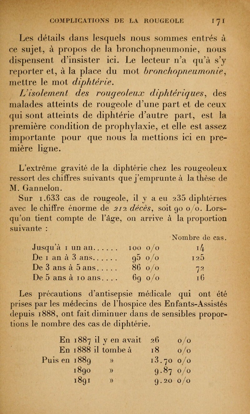 Les détails dans lesquels nous sommes entrés à ce sujet, à propos de la bronchopneumonie, nous dispensent d'insister ici. Le lecteur n'a qu'à s'y reporter et, à la place du mot bronchopneumonie, mettre le mot diphtérie. Uisolement des roiigeoleiix diphtériques, des malades atteints de roug-eole d'une part et de ceux qui sont atteints de diphtérie d'autre part, est la première condition de prophylaxie, et elle est assez importante pour que nous la mettions ici en pre- mière liçne. L'extrême gravité de la diphtérie chez les roug^eoleux ressort des chiffres suivants que j'emprunte à la thèse de M. Gannelon. Sur 1.633 cas de roug^eole, il y a eu 235 diphtéries avec le chiffre énorme de ^/2 décès, soit 90 0/0. Lors- qu'on tient compte de l'âg-e, on arrive à la proportion suivante : Nombre de cas. Jusqu'à I un an 100 0/0 i4 De I an à 3 ans...... 96 0/0 126 De 3 ans à 5 ans 86 0/0 72 De 5 ans à 10 ans. ... 69 0/0 16 Les précautions d'antisepsie médicale qui ont été prises par les médecins de l'hospice des Enfants-Assistés depuis 1888, ont fait diminuer dans de sensibles propor- tions le nombre des cas de diphtérie. En 1887 il y en avait 26 0/0 En 1888 il tombe à 18 0/0 Puis en 1889 » 13.70 0/0 1890 » 9-^7 0/0 1891 » 9-20 0/0