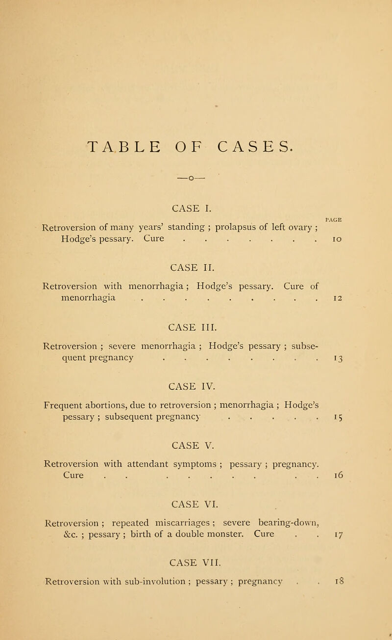 TABLE OF CASES, CASE I. PAGE Retroversion of many years' standing ; prolapsus of left ovary ; Hodge's pessary. Cure 10 CASE II. Retroversion with menorrhagia; Hodge's pessary. Cure of menorrhagia . . . . . . . .12 CASE III. Retroversion ; severe menorrhagia ; Hodge's pessary ; subse- quent pregnancy . . . . . , , 13 CASE IV. Frequent abortions, due to retroversion ; menorrhagia ; Hodge's pessary; subsequent pregnancy . . . . 15 CASE V. Retroversion with attendant symptoms ; pessary ; pregnancy. Cure . . . 16 CASE VI. Retroversion ; repeated miscarriages ; severe bearing-down, &c. ; pessary ; birth of a double monster. Cure . . 17 CASE VII. Retroversion with sub-involution ; pessary; pregnancy . . 18