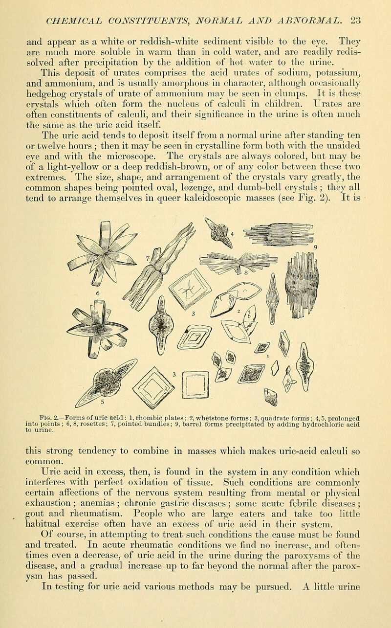 and appear as a white or reddish-white sediment visible to the eye. They are much more soluble in warm than in cold water, and are readily redis- solved after precipitation by the addition of hot water to the urine. This deposit of urates comprises the acid urates of sodium, potassium, and ammonium, and is usually amorphous in character, although occasionally hedgehog crystals of urate of ammonium may be seen in clumps. It is these crystals which often form the nucleus of calculi in children. Urates are often constituents of calculi, and their significance in the urine is often much the same as the uric acid itself. The uric acid tends to deposit itself from a normal urine after standing ten or twelve hours ; then it may be seen in crystalline form both with the unaided eye and with the microscope. The crystals are always colored, but may be of a light-yellow or a deep reddish-brown, or of any color between these two extremes. The size, shape, and arrangement of the crystals vary greatly, the common shapes being pointed oval, lozenge, and dumb-bell crystals; they all tend to arrange themselves in queer kaleidoscopic masses (see Fig. 2). It is Fig. 2.—Forms of uric acid: 1, rhombic plates; 2, whetstone forms; 3, quadrate forms; 4,5, prolonged into points ; 6, 8, rosettes; 7, pointed bundles; 9, barrel forms precipitated by adding hydrochloric acid to urine. this strong tendency to combine in masses which makes uric-acid calculi so common. Uric acid in excess, then, is found in the system in any condition which interferes with perfect oxidation of tissue. Such conditions are commonly certain affections of the nervous system resulting from mental or physical exhaustion ; anemias ; chronic gastric diseases ; some acute febrile diseases ; gout and rheumatism. People who are large eaters and take too little habitual exercise often have an excess of uric acid in their system. Of course, in attempting to treat such conditions the cause must be found and treated. In acute rheumatic conditions we find no increase, and often- times even a decrease, of uric acid in the urine during the paroxysms of the disease, and a gradual increase up to far beyond the normal after the parox- ysm has passed. In testing for uric acid various methods may be pursued. A little urine