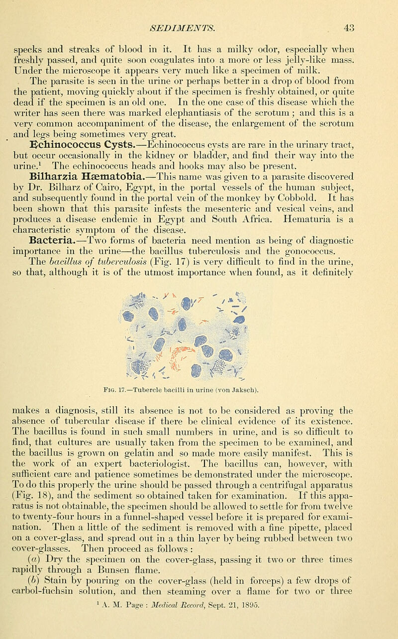 specks and streaks of blood in it. It has a milky odor, especially when freshly passed, and quite soon coagulates into a more or less jelly-like mass. Under the microscope it appears very much like a specimen of milk. The parasite is seen in the urine or perhaps better in a drop of blood from the patient, moving quickly about if the specimen is freshly obtained, or quite dead if the specimen is an old one. In the one case of this disease which the writer has seen there was marked elephantiasis of the scrotum; and this is a very common accompaniment of the disease, the enlargement of the scrotum and legs being sometimes very great. UchinococctlS Cysts.—Echinococcus cysts are rare in the urinary tract, but occur occasionally in the kidney or bladder, and find their way into the urine.1 The echinococcus heads and hooks may also be present. Bilharsia Hsematobia.—This name was given to a parasite discovered by Dr. Bilharz of Cairo, Egypt, in the portal vessels of the human subject, and subsequently found in the portal vein of the monkey by Cobbold. It has been shown that this parasite infests the mesenteric and vesical veins, and produces a disease endemic in Egypt and South Africa. Hematuria is a characteristic symptom of the disease. Bacteria.—Two forms of bacteria need mention as being of diagnostic importance in the urine—the bacillus tuberculosis and the gonococcus. The bacillus of tuberculosis (Fig. 17) is very difficult to find in the urine, so that, although it is of the utmost importance when found, as it definitely i > 6 / * V ; M i - ^, K-M [ '<- ' ' ABf ..'- 1 ^S \ ^ _ v ^ 0 Wag IPPt w V 3 -y Fig. 17.—Tubercle bacilli ii i urine ( 'von Jaksch). makes a diagnosis, still its absence is not to be considered as proving the absence of tubercular disease if there be clinical evidence of its existence. The bacillus is found in such small numbers in urine, and is so difficult to find, that cultures are usually taken from the specimen to be examined, and the bacillus is grown on gelatin and so made more easily manifest. This is the work of an expert bacteriologist. The bacillus can, however, with sufficient care and patience sometimes be demonstrated under the microscope. To do this properly the urine should be passed through a centrifugal apparatus (Fig. 18), and the sediment so obtained taken for examination. If this appa- ratus is not obtainable, the specimen should be allowed to settle for from twelve to twenty-four hours in a funnel-shaped vessel before it is prepared for exami- nation. Then a little of the sediment is removed with a fine pipette, placed on a cover-glass, and spread out in a thin layer by being rubbed between two cover-glasses. Then proceed as follows : (a) Dry the specimen on the cover-glass, passing it two or three times rapidly through a Bunsen flame. (b) Stain by pouring on the cover-glass (held in forceps) a few drops of carboi-fuchsin solution, and then steaming over a flame for two or three 1 A. M. Page : Medical Record, Sept. 21, 1895.