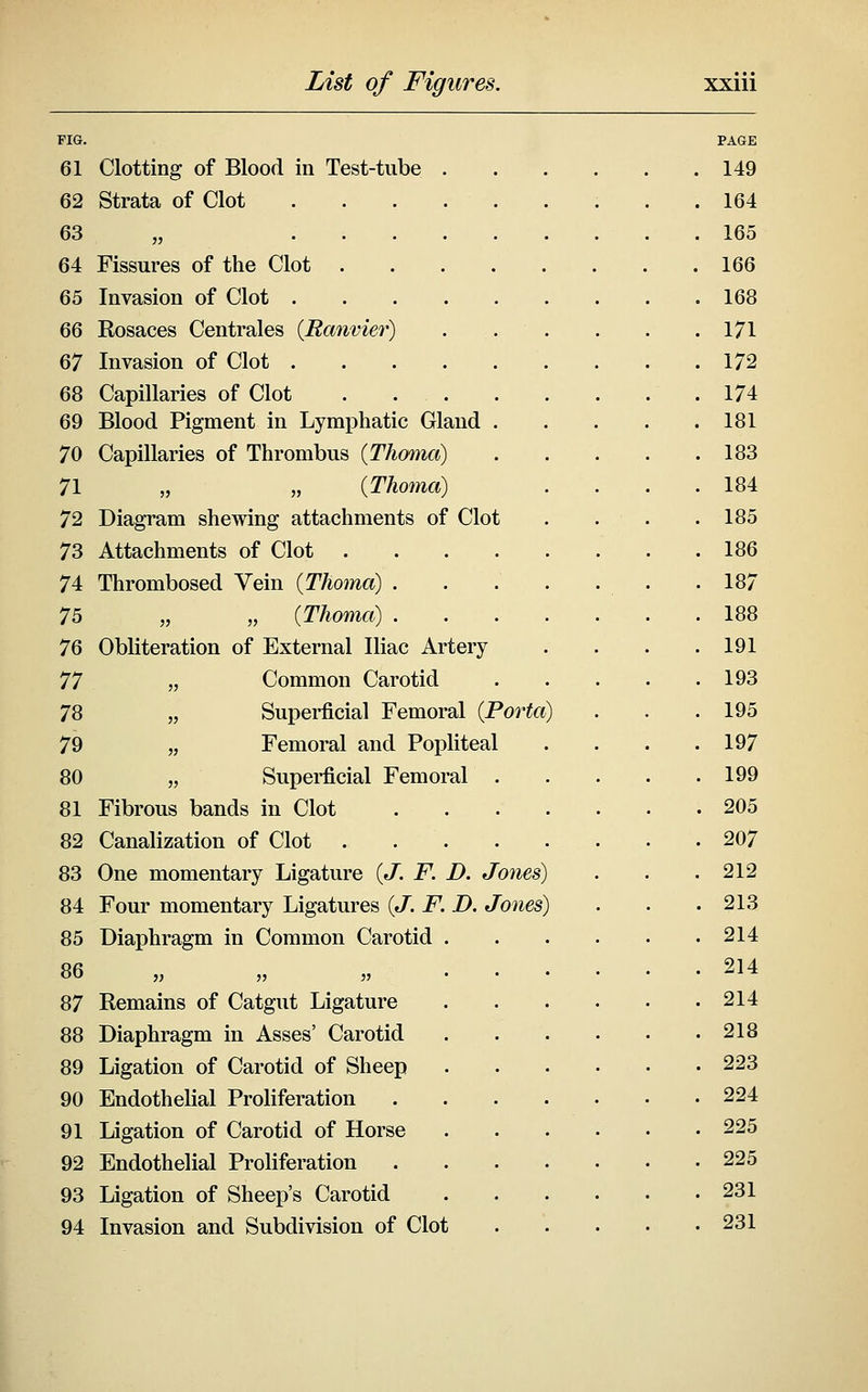 61 Clotting of Blood in Test-tube 62 Strata of Clot 63 „ . . . 64 Fissures of the Clot . 65 Invasion of Clot . QQ Rosaces Centrales {Ranvier) 67 Invasion of Clot . 68 Capillaries of Clot 69 Blood Pigment in Lymphatic Gland 70 Capillaries of Thrombus {Thoma) 71 „ „ {Thoma) 72 Diagram shewing attachments of Clot 73 Attachments of Clot .... 74 Thrombosed Vein {Thoma) . 75 „ „ {Thoma) . 76 Obliteration of External Iliac Artery 77 „ Common Carotid 78 „ Superficial Femoral {Porta) 79 „ Femoral and Popliteal 80 „ Superficial Femoral . 81 Fibrous bands in Clot 82 Canalization of Clot 83 One momentary Ligature {J. F. D. Jones) 84 Four momentary Ligatures {J. F. D. Jones) 85 Diaphragm in Common Carotid 86 „ „ „ 87 Remains of Catgut Ligature 88 Diaphragm in Asses' Carotid 89 Ligation of Carotid of Sheep 90 Endothelial Proliferation 91 Ligation of Carotid of Horse 92 Endothelial Proliferation 93 Ligation of Sheep's Carotid 94 Invasion and Subdivision of Clot PAGE 149 164 165 166 168 171 172 174 181 183 184 185 186 187 188 191 193 195 197 199 205 207 212 213 214 214 214 218 223 224 225 225 231 231