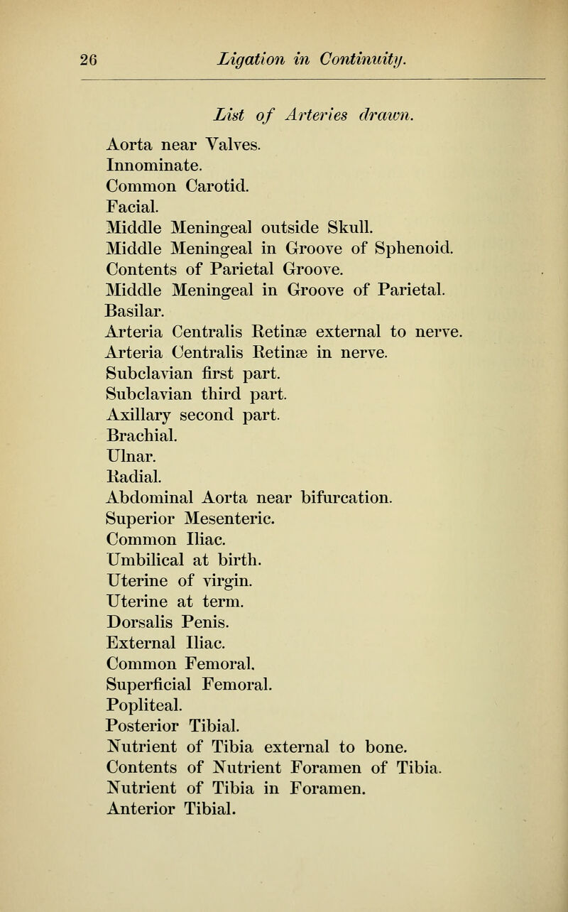 Lint of Arteries drawn. Aorta near Valves. Innominate. Common Carotid. Facial. Middle Meningeal outside Skull. Middle Meningeal in Groove of Sphenoid. Contents of Parietal Groove. Middle Meningeal in Groove of Parietal. Basilar. Arteria Centralis Retinae external to nerve. Arteria Centralis Retinse in nerve. Subclavian first part. Subclavian third part. Axillary second part. Brachial. Ulnar. Kadial. Abdominal Aorta near bifurcation. Superior Mesenteric. Common Iliac. Umbilical at birth. Uterine of virgin. Uterine at term. Dorsalis Penis. External Iliac. Common Femoral. Superficial Femoral. Popliteal. Posterior Tibial. Nutrient of Tibia external to bone. Contents of Nutrient Foramen of Tibia. Nutrient of Tibia in Foramen. Anterior Tibial.