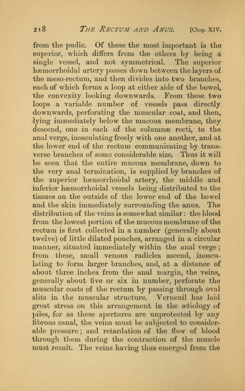 from the pudic. Of these the most important is the superior, which differs from the others by being a single vessel, and not symmetrical. The superior lijemorrhoidal artery passes down between the layers of the meso-rectum, and then divides into two branches, each of which forms a loop at either side of the bowel, the convexity looking downwards. From these two loops a variable number of vessels pass directly downwards, perforating the muscular coat, and then, •lying immediately below the mucous membrane, they descend, one in each of the columnge recti, to the anal verge, inosculating freely with one another, and at the lower end of the rectum communicating by trans- verse branches of some considerable size. Thus it will be seen that the entire mucous membrane, down to the very anal termination, is supplied by branches of the superior Inemorrhoidal artery, the middle and inferior hsemorrhoidal vessels being distributed to the tissues on the outside of the lower end of the bowel and the skin immediately surrounding the anus. Tlie distribution of the veins is somewhat similar: the blood from the lowest j:)ortion of the mucous membrane of the rectum is first collected in a number (generally about twelve) of little dilated pouches, arranged in a circular manner, situated immediately within the anal verge; from these, small venous radicles ascend, inoscu- lating to form larger branches, and, at a distance of about three inches from the anal margin, the veins, generally about five or six in number, perforate the muscular coats of the rectum by passing through oval slits in the muscular structure. Verneuil has laid great stress on this arrangement in the aetiology of piles, for as these apertures are unprotected by any fibrous canal, the veins must be subjected to consider- able pressure; and retardation of the flow of blood througli them during the contraction of the muscle must result. The veins having thus emerged from the