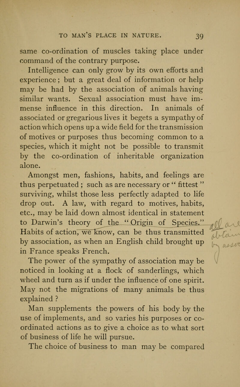 same co-ordination of muscles taking place under command of the contrary purpose. Intelligence can only grow by its own efforts and experience; but a great deal of information or help may be had by the association of animals having similar wants. Sexual association must have im- mense influence in this direction. In animals of associated or gregarious lives it begets a sympathy of action which opens up a wide field for the transmission of motives or purposes thus becoming common to a species, which it might not be possible to transmit by the co-ordination of inheritable organization alone. Amongst men, fashions, habits, and feelings are thus perpetuated ; such as are necessary or '' fittest  surviving, whilst those less perfectly adapted to life drop out. A law, with regard to motives, habits, etc., may be laid down almost identical in statement to Darwin's theory of the  Origin of Species. Habits of action, we'lmow, can be thus transmitted by association, as when an English child brought up in France speaks French. The power of the sympathy of association may be noticed in looking at a flock of sanderlings, which wheel and turn as if under the influence of one spirit. May not the migrations of many animals be thus explained ? Man supplements the powers of his body by the use of implements, and so varies his purposes or co- ordinated actions as to give a choice as to what sort of business of life he will pursue. The choice of business to man may be compared (y^