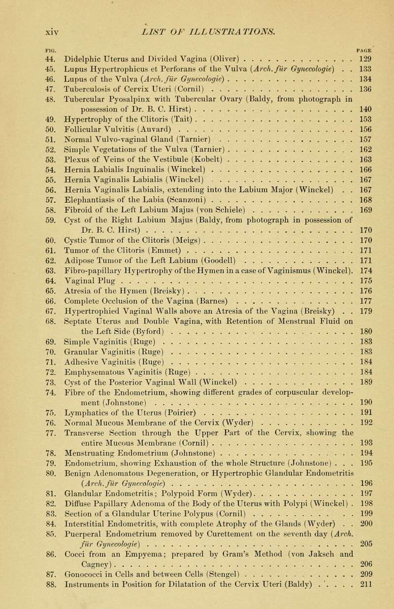 FIG. PAGE 44. Didelphic Uterus and Divided Vagina (Oliver) 129 45. Lupus Hypertrophicus et Perforans of the Vulva [Arch, far Gynecologie) . . 133 46. Lupus of the Vulva (Arch, fur Gynecologie) 134 47. Tuberculosis of Cervix Uteri (Cornil) 136 48. Tubercular Pyosalpinx with Tubercular Ovary (Baldy, from photograph in possession of Dr. B. C. Hirst) 140 49. Hypertrophy of the Clitoris (Tait) 153 50. Follicular Vulvitis (Auvard) 156 51. Normal Vulvo-vaginal Gland (Tarnier) 157 52. Simple Vegetations of the Vulva (Tarnier) 162 53. Plexus of Veins of the Vestibule (Kobelt) 163 54. Hernia Labialis Inguinalis (Winckel) 166 55. Hernia Vaginalis Labialis (Winckel) 167 56. Hernia Vaginalis Labialis, extending into the Labium Major (Winckel) . . 167 57. Elephantiasis of the Labia (Scanzoni) 168 58. Fibroid of the Left Labium Majus (von Schiele) 169 59. Cyst of the Right Labium Majus (Baldy, from photograph in possession of Dr. B. C. Hirst) 170 60. Cystic Tumor of the Clitoris (Meigs) 170 61. Tumor of the Clitoris (Emmet) 171 62. Adipose Tumor of the Left Labium (Goodell) 171 63. Fibro-papillary Hypertrophy of the Hymen in a case of Vaginismus (Winckel). 174 64. Vaginal Plug * 175 65. Atresia of the Hymen (Breisky) 176 66. Complete Occlusion of the Vagina (Barnes) 177 67. Hypertrophied Vaginal Walls above an Atresia of the Vagina (Breisky) . . 179 68. Septate Uterus and Double Vagina, with Retention of Menstrual Fluid on the Left Side (Byford) 180 69. Simple Vaginitis (Ruge) 183 70. Granular Vaginitis (Ruge) 183 71. Adhesive Vaginitis (Ruge) 184 72. Emphysematous Vaginitis (Ruge) 184 73. Cyst of the Posterior Vaginal Wall (Winckel) 189 74. Fibre of the Endometrium, showing different grades of corpuscular develop- ment (Johnstone) 190 75. Lymphatics of the Uterus (Poirier) 191 76. Normal Mucous Membrane of the Cervix (Wyder) 192 77. Transverse Section through the Upper Part of the Cervix, showing the entire Mucous Membrane (Cornil) 193 78. Menstruating Endometrium (Johnstone) 194 79. Endometrium, showing Exhaustion of the whole Structure (Johnstone) . . . 195 80. Benign Adenomatous Degeneration, or Hypertrophic Glandular Endometritis (Arch, fur Gynecologie) 196 81. Glandular Endometritis ; Polypoid Form (Wyder) 197 82. Diffuse Papillary Adenoma of the Body of the Uterus with Polypi (Winckel) . 198 83. Section of a Glandular Uterine Polypus (Cornil) 199 84. Interstitial Endometritis, with complete Atrophy of the Glands (Wyder) . . 200 85. Puerperal Endometrium removed by Curettement on the seventh day {Arch. fur Gynecologie] 205 86. Cocci from an Empyema; prepared by Gram's Method (von Jaksch and Cagney) 206 87. Gonococci in Cells and between Cells (Stengel) 209 88. Instruments in Position for Dilatation of the Cervix Uteri (Baldy) . '. . . . 211