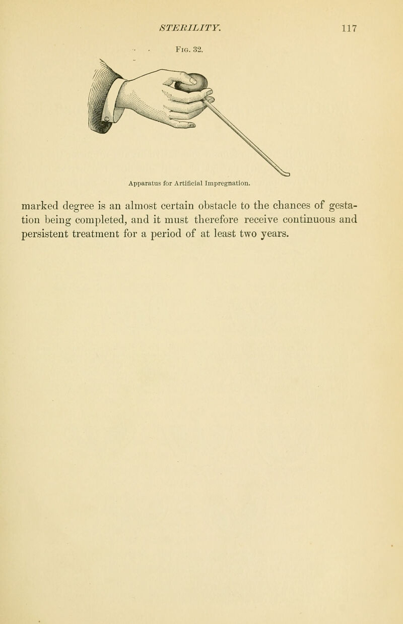 Fig. 32. Apparatus for Artificial Impregnation. marked degree is an almost certain obstacle to the chances of gesta- tion being completed, and it must therefore receive continuous and persistent treatment for a period of at least two years.