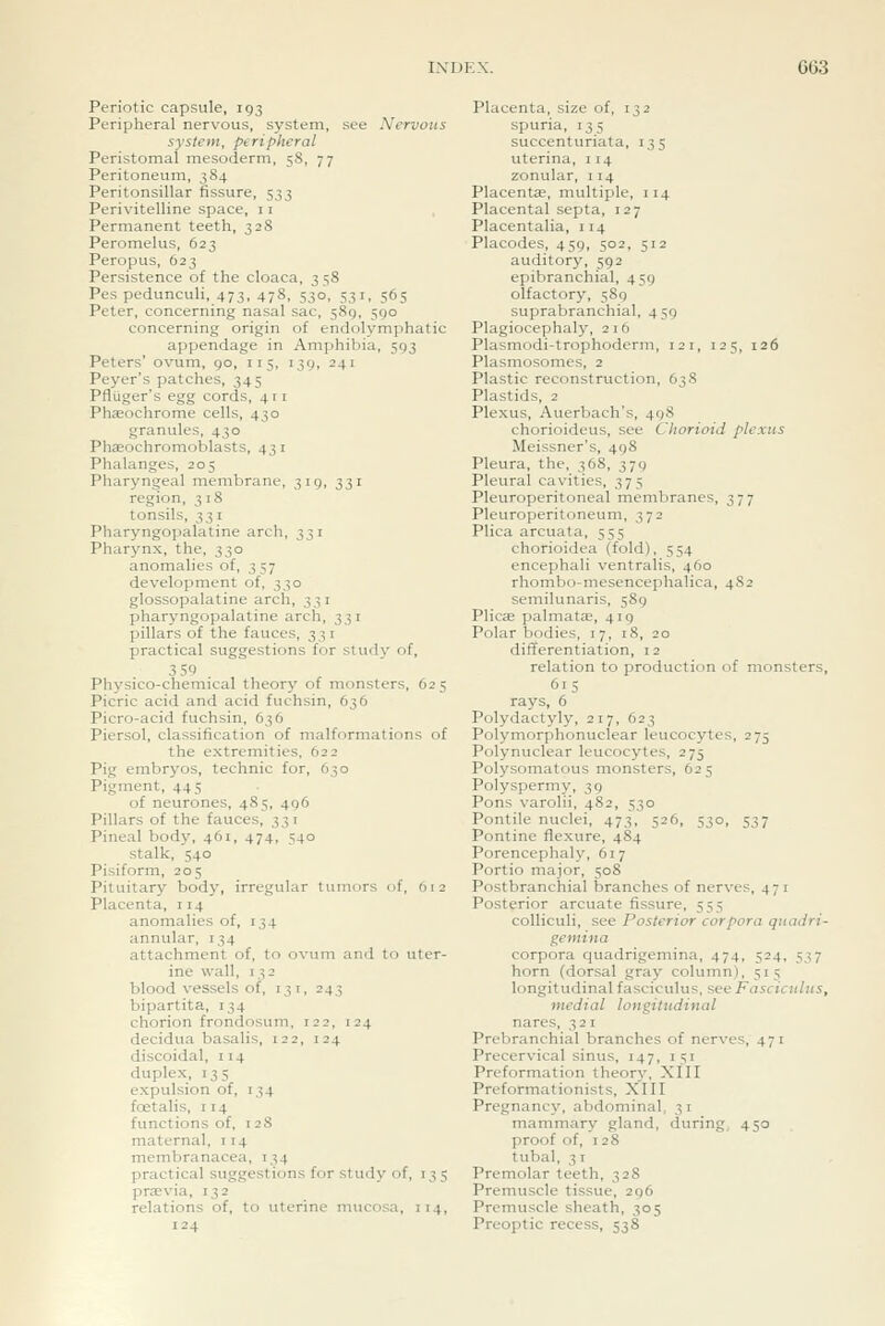 Periotic capsule, 193 Peripheral nervous, system, see Nervous system, peripheral Peristomal mesoderm, 58, 77 Peritoneum, 384 Peritonsillar fissure, 533 Perivitelline space, 11 Permanent teeth, 328 Peromelus, 623 Peropus, 623 Persistence of the cloaca, 3 58 Pes pedunculi, 473, 478, 530, 531, 565 Peter, concerning nasal sac, 58Q, 590 concerning origin of endolymphatic appendage in Amphibia, 593 Peters' ovum, 90, 115, 139, 241 Peyer's patches, 345 Pfliiger's egg cords, 4 r i Phceochrome cells, 430 granules, 430 Phaeochromoblasts, 43 i Phalanges, 205 Pharyngeal membrane, 319, 331 region, 3 18 tonsils, 33 I Pharyngopalatine arch, 331 Pharynx, the, 330 anomalies of, 357 development of, 330 glossopalatine arch, 331 pharyngopalatine arch, 331 pillars of the fauces, 331 practical suggestions for stud)' of, 3 59 , Physico-chemical theory of monsters, 62 5 Picric acid and acid fuchsin, 636 Picro-acid fuchsin, 636 Piersol, classification of malformations of the extremities, 622 Pig embryos, technic for, 630 Pigment, 445 of neurones, 485, 496 Pillars of the fauces, 331 Pineal body, 461, 474, 540 stalk, 540 Pisiform, 205 Pituitary body, irregular tumors of, 612 Placenta, 114 anomalies of, 134 annular, 134 attachment of, to ovum and to uter- ine wall, 132 blood vessels of, 131, 243 bipartita, 134 chorion frondosum, 122, 124 decidua basalis, 122, 124 discoidal, 114 duplex, 135 expulsion of, 134 foetalis, 114 functions of, 128 maternal, 114 membranacea, 134 practical suggestions for study of, 135 previa, 132 relations of, to uterine mucosa, 114, 124 Placenta, size of, 132 spuria, 135 succenturiata, 135 uterina, 114 zonular, 114 Placentae, multiple, 114 Placental septa, 127 Placentalia, 114 Placodes, 459, 502, 512 auditory, 592 epibranchial, 459 olfactory, 589 suprabranchial, 439 Plagiocephaly, 216 Plasmodi-trophoderm, 121, 125, 126 Plasmosomes, 2 Plastic reconstruction, 638 Plastids, 2 Plexus, Auerbach's, 498 chorioideus, see Chorioid plexus Meissner's, 498 Pleura, the, 368, 379 Pleural cavities, 375 Pleuroperitoneal membranes, 377 Pleuroperitoneum, 372 Plica arcuata, 555 chorioidea (fold), 554 encephali ventralis, 460 rhombo-mesencephalica, 482 semilunaris, 589 Plicae palmatas, 419 Polar bodies, 17, 18, 20 differentiation, 12 relation to production of monsters, 615 rays, 6 Polydactyly, 217, 623 Polymorphonuclear leucocytes, 275 Polynuclear leucocytes, 275 Polysomatous monsters, 625 Polyspermy, 39 Pons varolii, 482, 530 Pontile nuclei, 473, 526, 530, 537 Pontine flexure, 484 Porencephaly, 617 Portio major, 508 Post branchial branches of nerves, 471 Posterior arcuate fissure, 555 coUiculi, see Posterior corpora quadri- getnina corpora quadrigemina, 474, 524, 537 horn (dorsal gray column) ,515 longitudinal fasciculus, see Fasciculus, medial longitudinal nares, 321 Prebranchial branches of nerves, 471 Precervical sinus, 147, 151 Preformation theor\', XIII Preformationists, XIII Pregnancy, abdominal, 31 mammary gland, during. 450 proof of, 128 tubal, 31 Premolar teeth, 328 Premuscle tissue, 296 Premuscle sheath, 305 Preoptic recess, 538