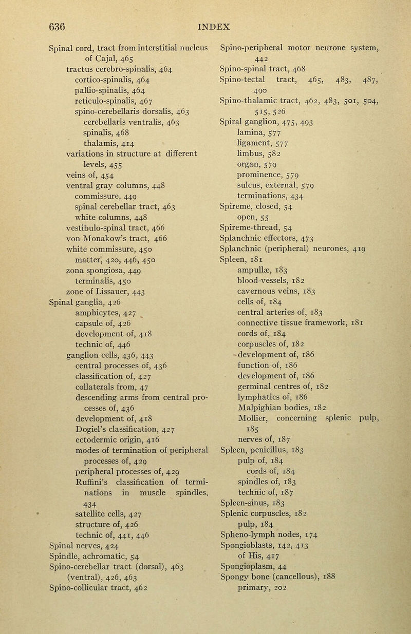 Spinal cord, tract from interstitial nucleus of Cajal, 465 tractus cerebro-spinalis, 464 cortico-spinalis, 464 pallio-spinalis, 464 reticulo-spinalis, 467 spino-cerebeUaris dorsalis, 463 cerebellaris ventralis, 463 spinalis, 468 thalamis, 414 variations in structure at different levels, 455 veins of, 454 ventral gray columns, 448 commissure, 449 spinal cerebellar tract, 463 white columns, 448 vestibulo-spinal tract, 466 von Monakow's tract, 466 white commissure, 450 matter, 420, 446, 450 zona spongiosa, 449 terminalis, 450 zone of Lissauer, 443 Spinal ganglia, 426 amphicytes, 427 capsule of, 426 development of, 418 technic of, 446 ganglion cells, 436, 443 central processes of, 436 classification of, 427 collaterals from, 47 descending arms from central pro- cesses of, 436 development of, 418 Dogiel's classification, 427 ectodermic origin, 416 modes of termination of peripheral processes of, 429 peripheral processes of, 429 Rufifini's classification of termi- nations in muscle spindles, 434 satellite cells, 427 structiure of, 426 technic of, 441, 446 Spinal nerves, 424 Spindle, achromatic, 54 Spino-cerebellar tract (dorsal), 463 (ventral), 426, 463 Spino-collicular tract, 462 Spino-peripheral motor neurone system, 442 Spino-spinal tract, 468 Spino-tectal tract, 465, 483, 487, 490 Spino-thalamic tract, 462, 483, 501, 504, 515,526 Spiral ganglion, 475, 493 lamina, 577 ligament, 577 limb us, 582 organ,579 prominence, 579 sulcus, external, 579 terminations, 434 Spireme, closed, 54 open, 55 Spireme-thread, 54 Splanchnic effectors, 473 Splanchnic (peripheral) neurones, 419 Spleen, 181 ampullae, 183 blood-vessels, 182 cavernous veins, 183 cells of, 184 central arteries of, 183 connective tissue framework, 181 cords of, 184 corpuscles of, 182 -development of, 186 function of, 186 development of, 186 germinal centres of, 182 lymphatics of, 186 Malpighian bodies, 182 MolHer, concerning splenic pulp, 18s nerves of, 187 Spleen, penicillus, 183 pulp of, 184 cords of, 184 spindles of, 183 technic of, 187 Spleen-sinus, 183 Splenic corpuscles, 182 pulp, 184 Spheno-lymph nodes, 174 Spongioblasts, 142, 413 of His, 417 Spongioplasm, 44 Spongy bone (cancellous), 188 primary, 202