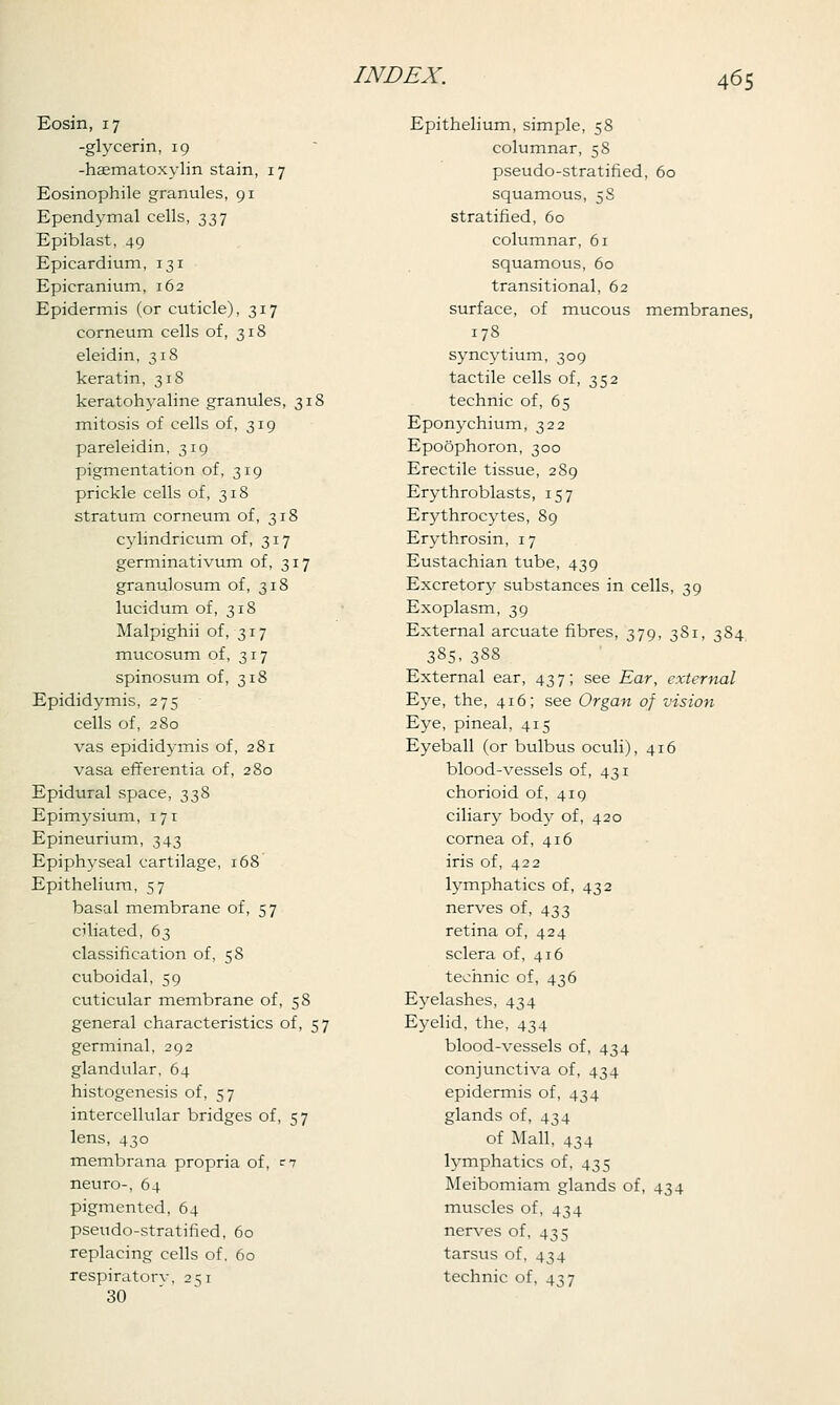 Eosin, 17 -glycerin, 19 -haematoxylin stain, 17 Eosinophile granules, 91 Ependymal cells, 337 Epiblast, 49 Epicardium, 131 Epicranium, 162 Epidermis (or cuticle), 317 corneum cells of, 318 eleidin, 318 keratin, 318 keratohyaline granules, 318 mitosis of cells of, 319 pareleidin, 319 pigmentation of, 319 prickle cells of, 318 stratum corneum of, 318 cylindricum of, 317 germinativum of, 317 granulosum of, 318 lucidum of, 318 Malpighii of, 317 mucosum of, 317 spinosum of, 318 Epididymis, 275 cells of, 280 vas epididymis of, 281 vasa efferentia of, 280 Epidural space, 338 Epimysium, 171 Epineurium, 343 Epiphyseal cartilage, 168 Epithelium, 57 basal membrane of, 57 ciliated, 63 classification of, 58 cuboidal, 59 cuticular membrane of, 58 general characteristics of, 57 germinal, 292 glandular, 64 histogenesis of, 57 intercellular bridges of, 57 lens, 430 membrana propria of, C7 neuro-, 64 pigmented, 64 pseudo-stratified, 60 replacing cells of, 60 respiratory, 251 30 Epithelium, simple, 58 columnar, 58 pseudo-stratified, 60 squamous, 58 stratified, 60 columnar, 61 squamous, 60 transitional, 62 surface, of mucous membranes, 178 syncytium, 309 tactile cells of, 352 technic of, 65 Eponychium, 322 Epoophoron, 300 Erectile tissue, 289 Erythroblasts, 157 Erythrocytes, 89 Erythrosin, 17 Eustachian tube, 439 Excretory substances in cells, 39 Exoplasm, 39 External arcuate fibres, 379, 381, 384 385, 388 External ear, 437; see Ear, external Eye, the, 416; see Organ of vision Eye, pineal, 415 Eyeball (or bulbus oculi), 416 blood-vessels of, 431 chorioid of, 419 ciliary body of, 420 cornea of, 416 iris of, 422 lymphatics of, 432 nerves of, 433 retina of, 424 sclera of, 416 technic of, 436 Eyelashes, 434 Eyelid, the, 434 blood-vessels of, 434 conjunctiva of, 434 epidermis of, 434 glands of, 434 of Mall, 434 lymphatics of, 435 Meibomian! glands of, 434 muscles of, 434 nerves of, 435 tarsus of, 434 technic of, 437