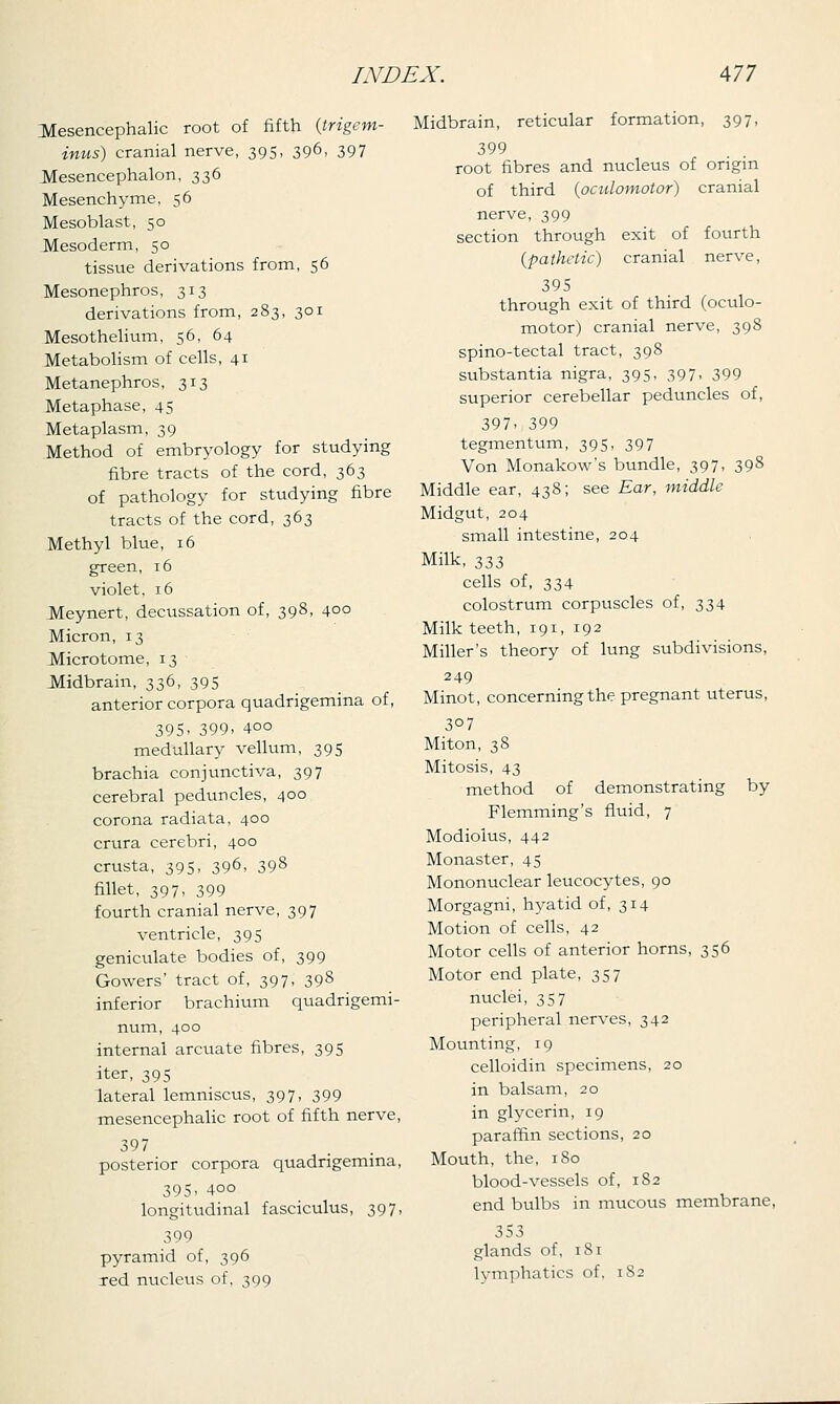 Mesencephalic root of fifth {trigem- inus) cranial nerve, 395, 396, 397 Mesencephalon, 336 Mesenchyme, 56 Mesoblast, 50 Mesoderm, 50 tissue derivations from, 56 Mesonephros, 313 derivations from, 283, 301 Mesothelium, 56, 64 Metabolism of cells, 41 Metanephros, 313 Metaphase, 45 Metaplasm, 39 Method of embryology for studying fibre tracts of the cord, 363 of pathology for studying fibre tracts of the cord, 363 Methyl blue, 16 green, 16 violet, 16 Meynert, decussation of, 398, 400 Micron, 13 Microtome, 13 Midbrain, 336, 395 anterior corpora quadrigemina of, 395- 399. 400 medullary vellum, 395 brachia conjunctiva, 397 cerebral peduncles, 400 corona radiata, 400 crura cerebri, 400 crusta, 395, 396, 398 fillet, 397, 399 fourth cranial nerve, 397 ventricle, 395 geniculate bodies of, 399 Gowers' tract of, 397, 398 inferior brachium quadrigemi- num, 400 internal arcuate fibres, 395 iter, 395 lateral lemniscus, 397, 399 mesencephalic root of fifth nerve, 397 posterior corpora quadrigemina, 395, 400 longitudinal fasciculus, 397, 399 pyramid of, 396 red nucleus of, 399 Midbrain, reticular formation, 397, 399 root fibres and nucleus of origin of third (oculomotor) cranial nerve, 399 section through exit of fourth (pathetic) cranial nerve, 395 through exit of third (oculo- motor) cranial nerve, 398 spino-tectal tract, 398 substantia nigra, 395, 397. 399 superior cerebellar peduncles of, 397. 399 tegmentum, 395, 397 Von Monakow's bundle, 397, 398 Middle ear, 438; see Ear, middle Midgut, 204 small intestine, 204 Milk, 333 cells of, 334 colostrum corpuscles of, 334 Milk teeth, 191, 192 Miller's theory of lung subdivisions, 249 Minot, concerning the pregnant uterus, 3°7 Miton, 38 Mitosis, 43 method of demonstrating by Flemming's fluid, 7 Modiolus, 442 Monaster, 45 Mononuclear leucocytes, 90 Morgagni, hyatid of, 314 Motion of cells, 42 Motor cells of anterior horns, 356 Motor end plate, 357 nuclei, 357 peripheral nerves, 342 Mounting, 19 celloidin specimens, 20 in balsam, 20 in glycerin, 19 paraffin sections, 20 Mouth, the, 180 blood-vessels of, 182 end bulbs in mucous membrane, 353 glands of, 1S1 lymphatics of, 1S2