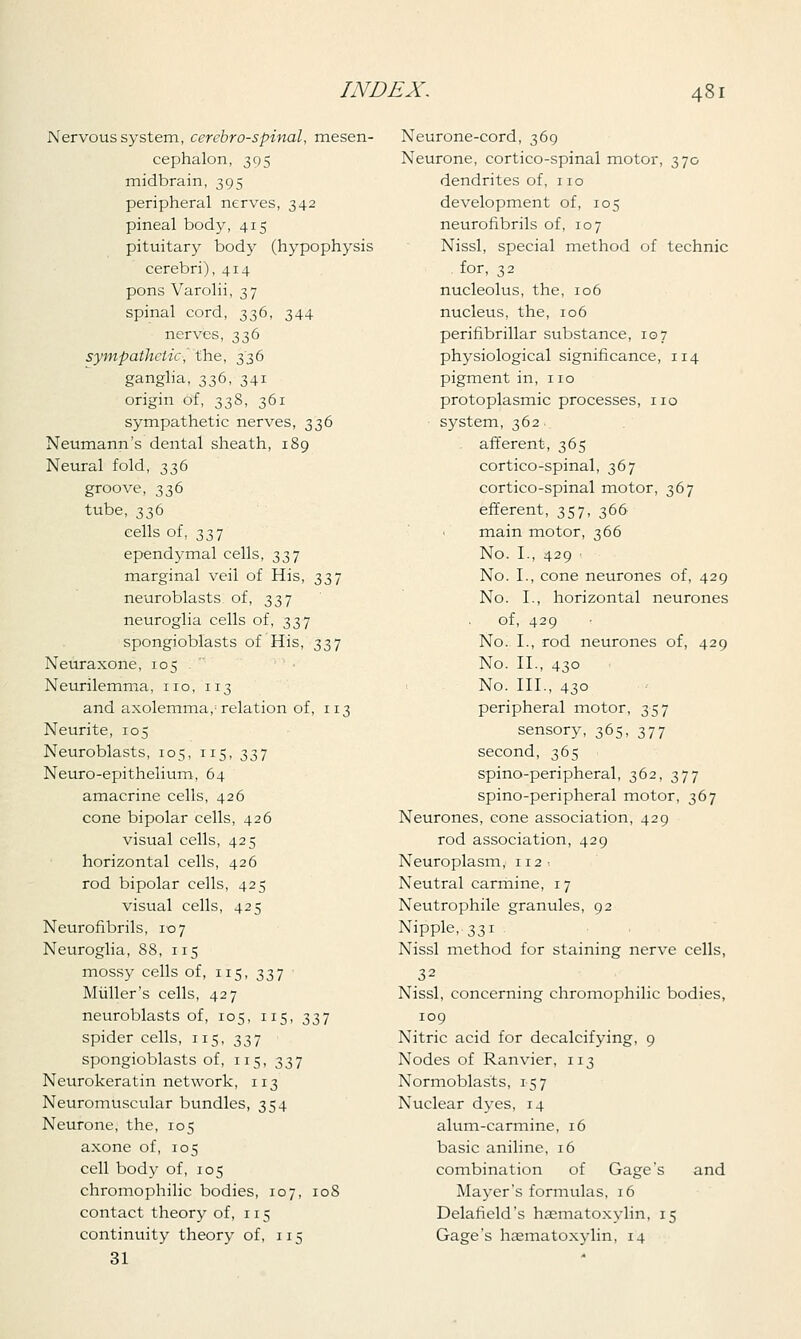 Nervous system, cerebrospinal, mesen- cephalon, 305 midbrain, 395 peripheral nerves, 342 pineal body, 415 pituitary body (hypophysis cerebri), 414 pons Varolii, 37 spinal cord, 336, 344 nerves, 336 sympathetic, the, 336 ganglia, 336, 341 origin of, 338, 361 sympathetic nerves, 336 Neumann's dental sheath, 189 Neural fold, 336 groove, 336 tube, 336 cells of, 337 ependymal cells, 337 marginal veil of His, 337 neuroblasts of, 337 neuroglia cells of, 337 spongioblasts of His, 337 Neuraxone, 105 Neurilemma, no, 113 and axolemma,-relation of, 113 Neurite, 105 Neuroblasts, 105, 115, 337 Neuro-epithelium, 64 amacrine cells, 426 cone bipolar cells, 426 visual cells, 425 horizontal cells, 426 rod bipolar cells, 425 visual cells, 425 Neurofibrils, 107 Neuroglia, 88, 115 mossy cells of, 115, 337 Midler's cells, 427 neuroblasts of, 103, 115, 337 spider cells, 115, 337 spongioblasts of, 115, 337 Neurokeratin network, 113 Neuromuscular bundles, 354 Neurone, the, 105 axone of, 105 cell body of, 105 chromophilic bodies, 107, 10S contact theory of, 115 continuity theory of, 115 31 Neurone-cord, 369 Neurone, cortico-spinal motor, 370 dendrites of, 110 development of, 105 neurofibrils of, 107 Nissl, special method of technic for, 32 nucleolus, the, 106 nucleus, the, 106 perifibrillar substance, 107 physiological significance, 114 pigment in, no protoplasmic processes, no system, 362 afferent, 365 cortico-spinal, 367 cortico-spinal motor, 367 efferent, 357, 366 main motor, 366 No. I., 429 No. I., cone neurones of, 429 No. I., horizontal neurones of, 429 No. I., rod neurones of, 429 No. II., 430 No. III., 430 peripheral motor, 357 sensory, 365, 377 second, 365 spino-peripheral, 362, 377 spino-peripheral motor, 367 Neurones, cone association, 429 rod association, 429 Neuroplasm, 112 -. Neutral carmine, 1 7 Neutrophile granules, 92 Nipple, 331 Nissl method for staining nerve cells, 32 Nissl, concerning chromophilic bodies, 109 Nitric acid for decalcifying, 9 Nodes of Ranvier, 113 Normoblasts, 157 Nuclear dyes, 14 alum-carmine, 16 basic aniline, 16 combination of Gage's and Mayer's formulas, 16 Delafield's haematoxylin, 15 Gage's hematoxylin, 14