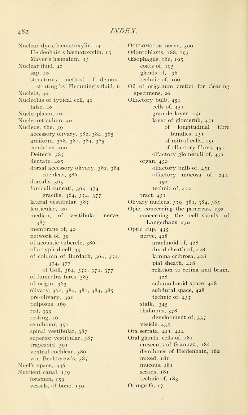 Nuclear dyes, haematoxylin, 14 Heidenhain's hematoxylin, 15 Mayer's hasmalum, 15 Nuclear fluid, 40 sap, 40 structures, method of demon- strating by Flemming's fluid, 6 Nuclein, 40 Nucleolus of typical cell, 40 false, 40 Nucleoplasm, 40 Nucleoreticulum, 40 Nucleus, the, 39 accessory olivary, 382, 384, 385 arciform, 378, 381, 384, 385 caudatus, 400 Deiter's, 387 dentate, 405 dorsal accessory olivary, 382, 384 cochlear, 386 dorsalis, 365 funiculi cuneati, 364, 374 gracilis, 364, 374, 377 lateral vestibular, 387 lenticular, 401 median, of vestibular nerve, 387 membrane of, 40 network of, 39 of acoustic tubercle, 386 of a typical cell, 39 of column of Burdach, 364, 372, 374, 377 of Goll, 364, 372- 374, 377 of funiculus teres, 385 of origin, 363 olivary, 372, 380, 381, 384, 385 pre-olivary, 391 pulposus, 169 red, 399 resting, 46 semilunar, 391 spinal vestibular, 387 superior vestibular, 387 trapezoid, 391 ventral cochlear, 386 von Bechterew's, 387 Nuel's space, 446 Nutrient canal, 159 foramen, 159 vessels, of bone, 159 Oculomotor nerve, 399 Odontoblasts, 188, 193 (Esophagus, the, 195 coats of, 195 glands of, 196 technic of, 196 Oil of origanum cretici for clearing specimens, 20 Olfactory bulb, 451 cells of, 451 granule layer, 451 layer of glomeruli, 451 of longitudinal fibre bundles, 451 of mitral cells, 451 of olfactory fibres, 451 olfactory glomeruli of, 451 organ, 450 olfactory bulb of, 451 olfactory mucosa of, 241, 45o technic of, 452 tract, 451 Olivary nucleus, 379, 381, 384, 385 Opie, concerning the pancreas, 230 concerning the cell-islands of Langerhans, 230 Optic cup, 435 nerve, 428 arachnoid of, 428 dural sheath of, 428 lamina cribrosa, 428 pial sheath, 428 relation to retina and brain, 428 subarachnoid space, 428 subdural space, 428 technic of, 437 stalk, 345 thalamus, 378 development of, 337 vesicle, 435 Ora serrata, 421, 424 Oral glands, cells of, 181 crescents of Gianuzzi, 182 demilunes of Heidenhain, 182 mixed, 181 mucous, 181 serous, 181 technic of, 183 Orange G, 17