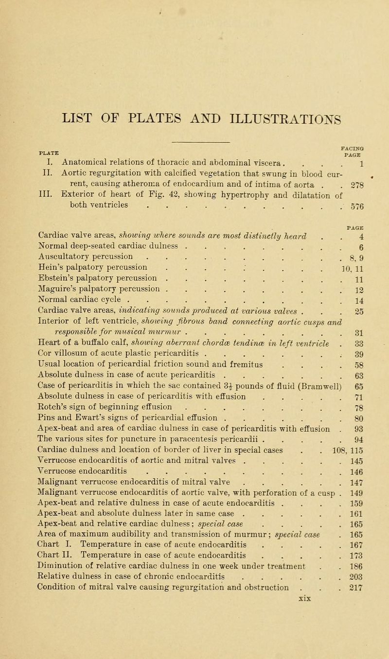 LIST OF PLATES AND ILLUSTRATIONS PLATE I. Anatomical relations of thoracic and abdominal viscera. . . . II. Aortic regurgitation with calcified vegetation that swung in blood cur- rent, causing atheroma of endocardium and of intima of aorta . III. Exterior of heart of Fig. 42, showing hypertrophy and dilatation of both ventricles ......... FACINO PAGE 576 unds are most distinctly Jieard cusps and Cardiac valve areas, showing ivTiere so Normal deep-seated cardiac dulness Auscultatory percussion Hein's palpatory percussion Ebstein's palpatory percussion . Maguire's palpatory percussion . Normal cardiac cycle . Cardiac valve areas, indicating sounds produced at various valves Interior of left ventricle, shoiving fihrous land connecting aortic responsible for musical murmur Heart of a buffalo calf, shoiving aberrant chordce tendince in left ventricle Cor villosum of acute plastic pericarditis .... Usual location of pericardial friction sound and fremitus Absolute dulness in ease of acute pericarditis . Case of pericarditis in which the sac contained 3^ pounds of fluid (Bramwell) Absolute dulness in ease of pericarditis with effusion Roteh's sign of beginning effusion .... Pins and Ewart's signs of pericardial effusion . Apex-beat and area of cardiac dulness in case of pericarditis with effusion The various sites for puncture in paracentesis pericardii . Cardiac dulness and location of border of liver in special cases Verrucose endocarditis of aortic and mitral valves . Verrucose endocarditis Malignant verrucose endocarditis of mitral valve Malignant verrucose endocarditis of aortic valve, with perforation of a cusp Apex-beat and relative dulness in case of acute endocarditis Apex-beat and absolute dulness later in same case . Apex-beat and relative cardiac dulness; special case Area of maximum audibility and transmission of murmur; special Chart T. Temperature in case of acute endocarditis Chart II. Temperature in case of acute endocarditis Diminution of relative cardiac dulness in one week under treatment Relative dulness in case of chronic endocarditis Condition of mitral valve causing regurgitation and obstruction 108 PAGE 4 6 8,9 0, 11 11 12 14 25 31 38 39 58 63 65 71 78 80 93 94 115 145 146 147 149 159 161 165 165 167 173 186 203 217