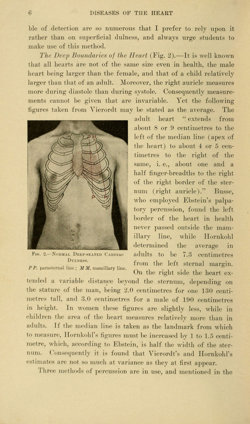 ble of detection are so numerous that I prefer to rely upon it rather than on superficial dulness, and always urge students to make use of this method. The Deep Boundaries of the Heart (Fig. 2).—It is well known that all hearts are not of the same size even in health, the male heart being larger than the female, and that of a child relatively larger than that of an adult. Moreover, the right auricle measures more during diastole than during systole. Consequently measure- ments cannot be given that are invariable. Yet the following figures taken from Yierordt may be stated as the average. The adult heart '' extends from about 8 or 9 centimetres to the left of the median line (apex of the heart) to about 4 or 5 cen- timetres to the right of the same, i. e., about one and a half finger-breadths to the right of the right border of the ster- num (right auricle). Busse, who employed Ebstein's palpa- tory percussion, found the left l)order of the heart in health never passed outside the mam- illary line, while Ilornkohl determined the average in adults to be 7.3 centimetres from the left sternal margin. On the right side the heart ex- tended a variable distance beyond the sternum, depending on the stature of the man, being 2.0 centimetres for one 130 centi- metres tall, and 3.0 centimetres for a male of 190 centimetres in height. In women those figures are slightly less, while in children the area of the heart measures relatively more than in adults. Tf the median line is taken as the landmark from which to measure, Ilondcohrs figures must be increased by 1 to 1.5 centi- metre, which, according to Ebstein, is half the M'idth of the ster- num. Consecjuently it is found that Vierordt's and Hornkolil's estimates are not so much at variance as they at first appear. Three methods of percussion are in use, and mentioned in the Fio. 2.—NoKMAL Deep-seated Cahdiac Dulness. PP. parasternal line; MM, inaniillary line.