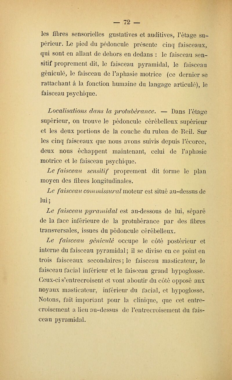 les fibres sensorielles gustatives et auditives, l'étage su- périeur. Le pied du pédoncule présente cinq faisceaux, qui sont en allant de dehors en dedans : le faisceau sen- sitif proprement dit, le faisceau pyramidal, le faisceau gèniculé, le faisceau de l'aphasie motrice (ce dernier se rattachant à la fonction humaine du langage articulé), le faisceau psychique. Localisations dans la protubérance. — Dans l'étage supérieur, on trouve le pédoncule cérébelleux supérieur et les deux portions de la couche du ruban de Reil. Sur les cinq faisceaux que nous avons suivis depuis Técorce, deux nous échappent maintenant, celui de l'aphasie motrice et le faisceau psychique. Le faisceau sensitif proprement dit forme le plan moyen des fibres longitudinales. Le faisceau commissural moteur est situé au-dessus de lui; Le faisceau pyramidal est au-dessous de lui, séparé de la face inférieure de la protubérance par des fibres transversales, issues du pédoncule cérébelleux. Le faisceau gèniculè occupe le côté postérieur et interne du faisceau pyramidal ; il se divise en ce point en trois faisceaux secondaires ; le faisceau masticateur, le faisceau facial inférieur et le faisceau grand hypoglosse. Ceux-ci s'entrecroisent et vont aboutir du côté opposé aux noyaux masticateur, inférieur du facial, et hypoglosse. Notons, fait important pour la clinique, que cet entre- croisement a lieu au-dessus de l'entrecroisement du fais- ceau pyramidal.