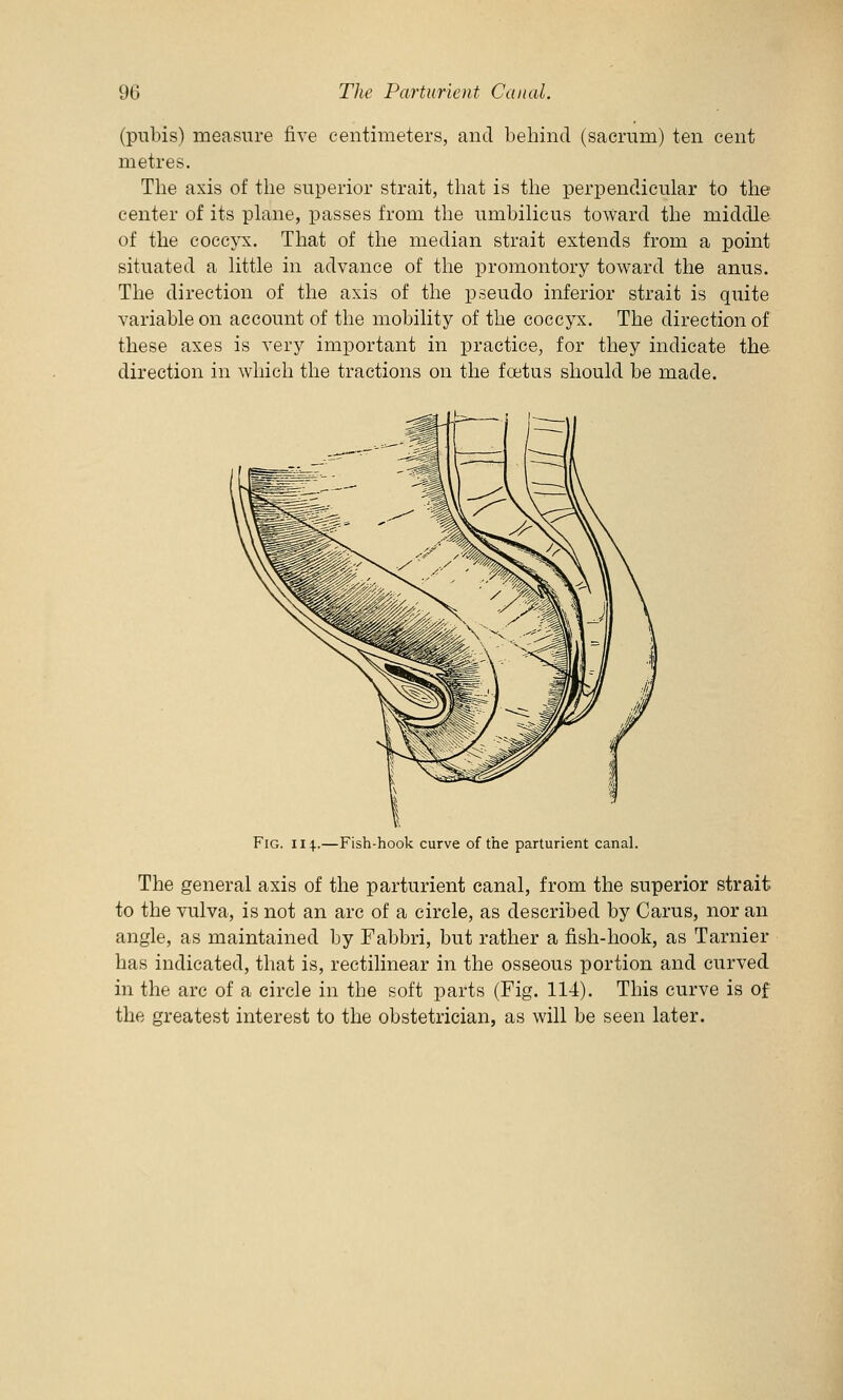(pubis) measure five centimeters, and behind (sacrum) ten cent metres. The axis of the superior strait, that is the perpendicular to the center of its plane, passes from the umbilicus toward the middle of the coccyx. That of the median strait extends from a point situated a little in advance of the promontory toward the anus. The direction of the axis of the pseudo inferior strait is quite variable on account of the mobility of the coccyx. The direction of these axes is very important in practice, for they indicate the direction in which the tractions on the foetus should be made. Fig. 114..—Fish-hook curve of the parturient canal. The general axis of the parturient canal, from the superior strait to the vulva, is not an arc of a circle, as described by Carus, nor an angle, as maintained by Fabbri, but rather a fish-hook, as Tarnier has indicated, that is, rectilinear in the osseous portion and curved in the arc of a circle in the soft parts (Fig. 114). This curve is of the greatest interest to the obstetrician, as will be seen later.