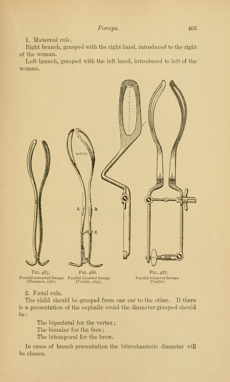 1. Maternal rule. Right branch, grasped with the right hand, introduced to the right of the woman. Left branch, grasped with the left hand, introduced to hit of the woman. Fig. 4S5. Fig. 4S6. Porallel unicurved forceps Parallel bicurved forceps (Thenance, 1781). (Valette, 1857). Fig. 487. Parallel tricurved forceps (Poullet). •2. Foetal rule. The child should be grasped from one ear to the other. If there ia a presentation of the cephalic ovoid the diameter grasped should be: The biparietal for the vertex ; The bimalar for the face; The bitemporal for the brow. In cases of breech presentation the bitrochanteric diameter will be chosen.