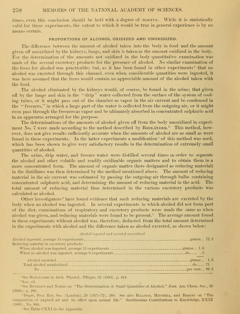 times, even this conclusion should he held with a degree of reserve. While it is statistically valid for these experiments, the extent to which it would be true in general experience is by no means certain. PROPORTIONS OF ALCOHOL OXIDIZED AND UNOXIDIZED. The ditference between the amount of alcohol taken into the bodj' in food and the amount given oil' unoxidized bj'the kidneys, lungs, and skin is taken as the amount oxidized in the body. For the determination of the amounts not oxidized in the bodj- quantitative examination was made of the several excretory products for the presence of alcohol. No similar examination of the feces for alcohol was practicable; but. as it has been found in other experiments'' that no alcohol was excreted through this channel, even when considerable quantities were ingested, it was here assumed that the feces would contain no appreciable amount of the alcohol taken with the food. The alcohol eliminated by the kidneys would, of course, be found in the urine; that given ofl' by the lungs and skin in the 'drip water collected from the surface of the sj'stem of cool- ing tubes, or it might pass out of the chamber as vapor in the air current and be condensed in the •• freezers. in which a large part of the water is collected from the outgoing air, or it might even pass through the freezers as vapor and be ultimately absorbed in concentrated sulphuric acid in an apparatus arranged for the purpose. The determinations of the amounts of alcohol given off from the body unoxidized in experi- ment No. 7 were made according to the method described bj' Bodlander. This method, how- ever, does not give results sufficientlj' accurate when the amounts of alcohol are as small as were found in these experiments. In the latter experiments a modification of this method was used, which has been shown to give very satisfactory results in the determination of extremely small quantities of alcohol. The urine, drip water, and freezer water were distilled several times in order to separate the alcohol and other volatile and readily oxidizable organic matters and to obtain them in a more concentrated form. The amount of organic matter (here designated as reducing material) in the distillates was then determined by the method mentioned above. The amount of reducing material in the air current was estimated by passing the outgoing air through bulbs containing concentrated sulphuric acid, and determining the amount of reducing material in the acid. The total amount of reducing material thus determined in the various excretory products was calculated as alcohol. Other investigators have found evidence that such reducing materials are excreted by the body when no alcohol was ingested. In several experiments in which alcohol did not form part of the diet, examinations of respiratory and excretory products were made the same as when alcohol was given, and reducing materials were found to be present. The average amount found in these experiments without alcohol was, therefore, deducted from the total amount determined in the experiments with alcohol and the ditference taken as alcohol excreted, as shown below: Alcohol iiif/e.ilfd and excreted uitoxklized. Alcohol iiifre^ted, average 13 experiments grams.. 72. 3 Reducing material in excretory products: When alcohol was ingested, average 13 experiments grams.. 1. 6 When no alcohol was ingested, average 6 experiments do 3 Alcohol excreted grams.. 1. 3 Total alcohol metallolized do 71 Do per cent.. 98. 2 •See BoDLAXDER in Arch. Physiol., Pfluger, 32 (1883), p. 424. •Loc. cit. , 'See Benedict and Xohris on The Determination of Small Quantities of Alcohol, Jour. Am. Chem. Soc, 20 (1898), p. 299. 'iHipre, Proc. Roy. Soc. (London), 20 (1871-72), 268. See also Billings, Mitchell, and Bergey on The comiiosition of expired air and its effect upon animal life. Suiithsoniau Contributions to Knowledge, XXIX (189.5), Xo. 989. 'See Table CXXI in the .\ppcndix.