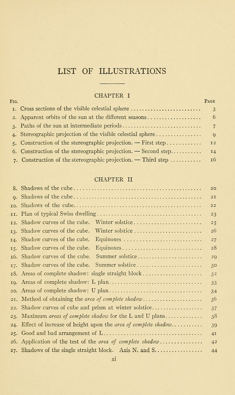 LIST OF ILLUSTRATIONS CHAPTER I Fig. Page i. Cross sections of the visible celestial sphere 3 2. Apparent orbits of the sun at the different seasons 6 3. Paths of the sun at intermediate periods 7 4. Stereographic projection of the visible celestial sphere 9 5. Construction of the stereographic projection. — First step 12 6. Construction of the stereographic projection. — Second step 14 7. Construction of the stereographic projection. — Third step 16 CHAPTER II 8. Shadows of the cube 20 9. Shadows of the cube 21 10. Shadows of the cube 22 11. Plan of typical Swiss dwelling 23 12. Shadow curves of the cube. Winter solstice 25 13. Shadow curves of the cube. Winter solstice 26 14. Shadow curves of the cube. Equinoxes 27 15. Shadow curves of the cube. Equinoxes 28 16. Shadow curves of the cube. Summer solstice 29 17. Shadow curves of the cube. Summer solstice 30 18. Areas of complete shadow: single straight block 32 19. Areas of complete shadow: L plan 33 20. Areas of complete shadow: U plan 34 21. Method of obtaining the area of complete shadow 36 22. Shadow curves of cube and prism at winter solstice 37 23. Maximum areas of complete shadow for the L and U plans 38 24. Effect of increase of height upon the area of complete shadow 39 25. Good and bad arrangement of L 41 26. Application of the test of the area of complete shadow 42 27. Shadows of the single straight block. Axis N. and S 44