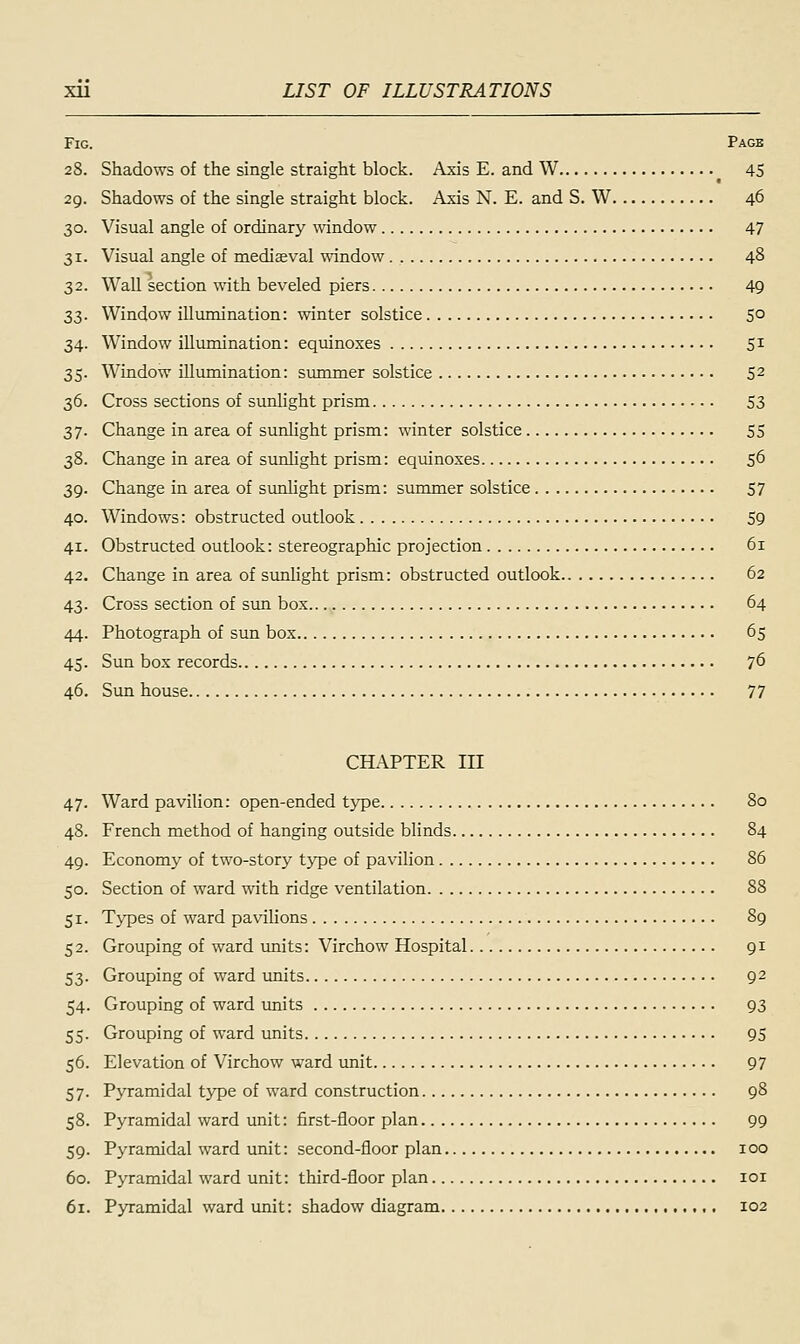 Fig. Page 28. Shadows of the single straight block. Axis E. and W 45 29. Shadows of the single straight block. Axis N. E. and S. W 46 30. Visual angle of ordinary window 47 31. Visual angle of mediaeval window 48 32. Wall section with beveled piers 49 33. Window illumination: winter solstice 50 34. Window illumination: equinoxes S1 35. Window illumination: summer solstice 52 36. Cross sections of sunlight prism 53 37. Change in area of sunlight prism: winter solstice 55 38. Change in area of sunlight prism: equinoxes 56 39. Change in area of sunlight prism: summer solstice 57 40. Windows: obstructed outlook 59 41. Obstructed outlook: stereographic projection 61 42. Change in area of sunlight prism: obstructed outlook 62 43. Cross section of sun box 64 44. Photograph of sun box 65 45. Sun box records 76 46. Sun house 77 CHAPTER III 47. Ward pavilion: open-ended type 80 48. French method of hanging outside blinds 84 49. Economy of two-story type of pavilion 86 50. Section of ward with ridge ventilation 88 51. Types of ward pavilions 89 52. Grouping of ward units: Virchow Hospital 91 53. Grouping of ward units 92 54. Grouping of ward units 93 55. Grouping of ward units 95 56. Elevation of Virchow ward unit 97 57. Pyramidal type of ward construction 98 58. Pyramidal ward unit: first-floor plan 99 59. Pyramidal ward unit: second-floor plan 100 60. Pyramidal ward unit: third-floor plan 101 61. Pyramidal ward unit: shadow diagram 102